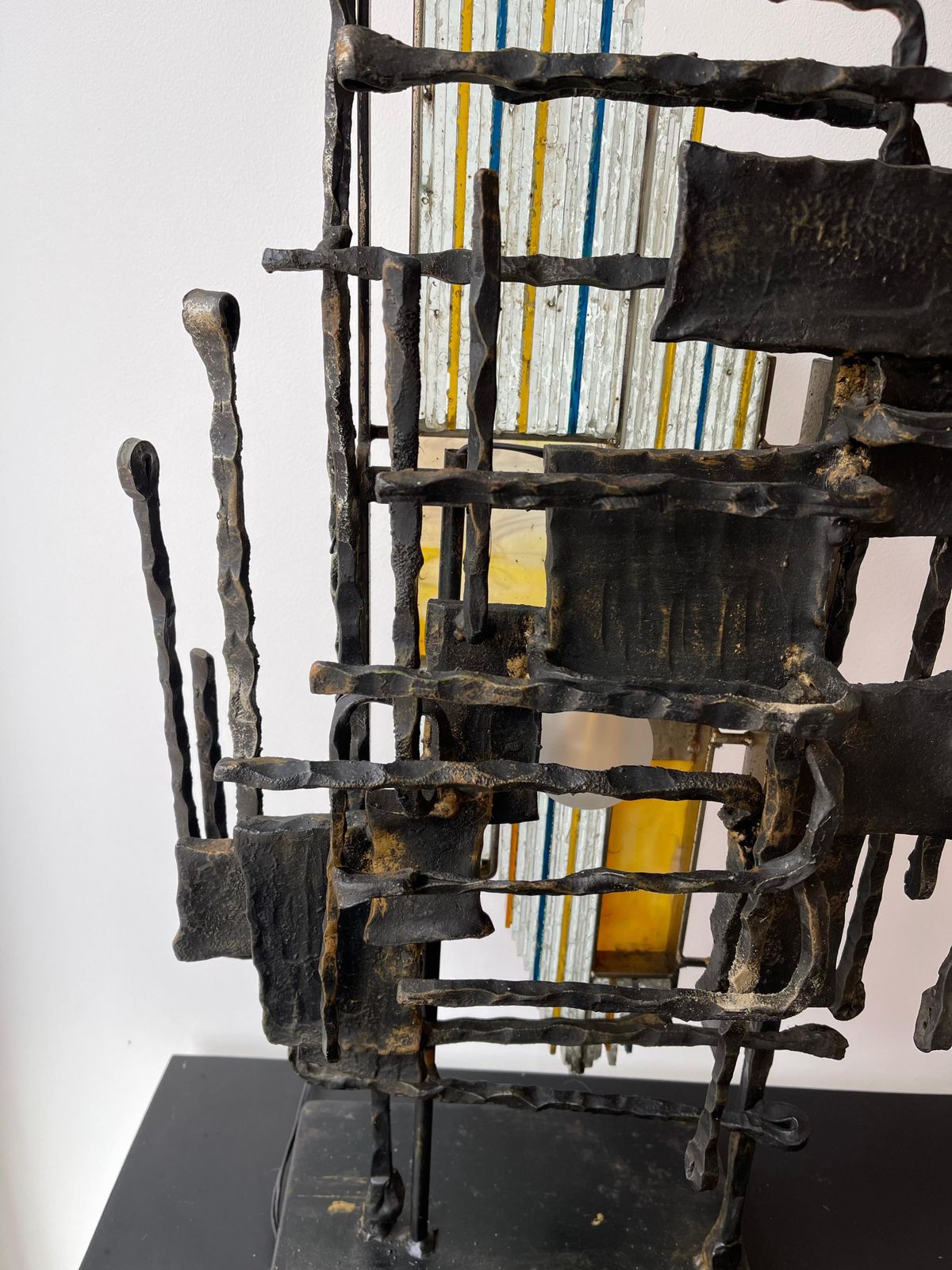 Lighting Hammered Glass Wrought Iron Sculpture Lamp By Biancardi & Jordan, Italy, 1970s photo