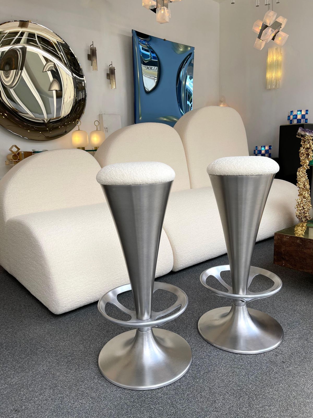 Pair Of Stainless Steel Metal Cone Bar Stools, Italy, 1990s photo vinterior
