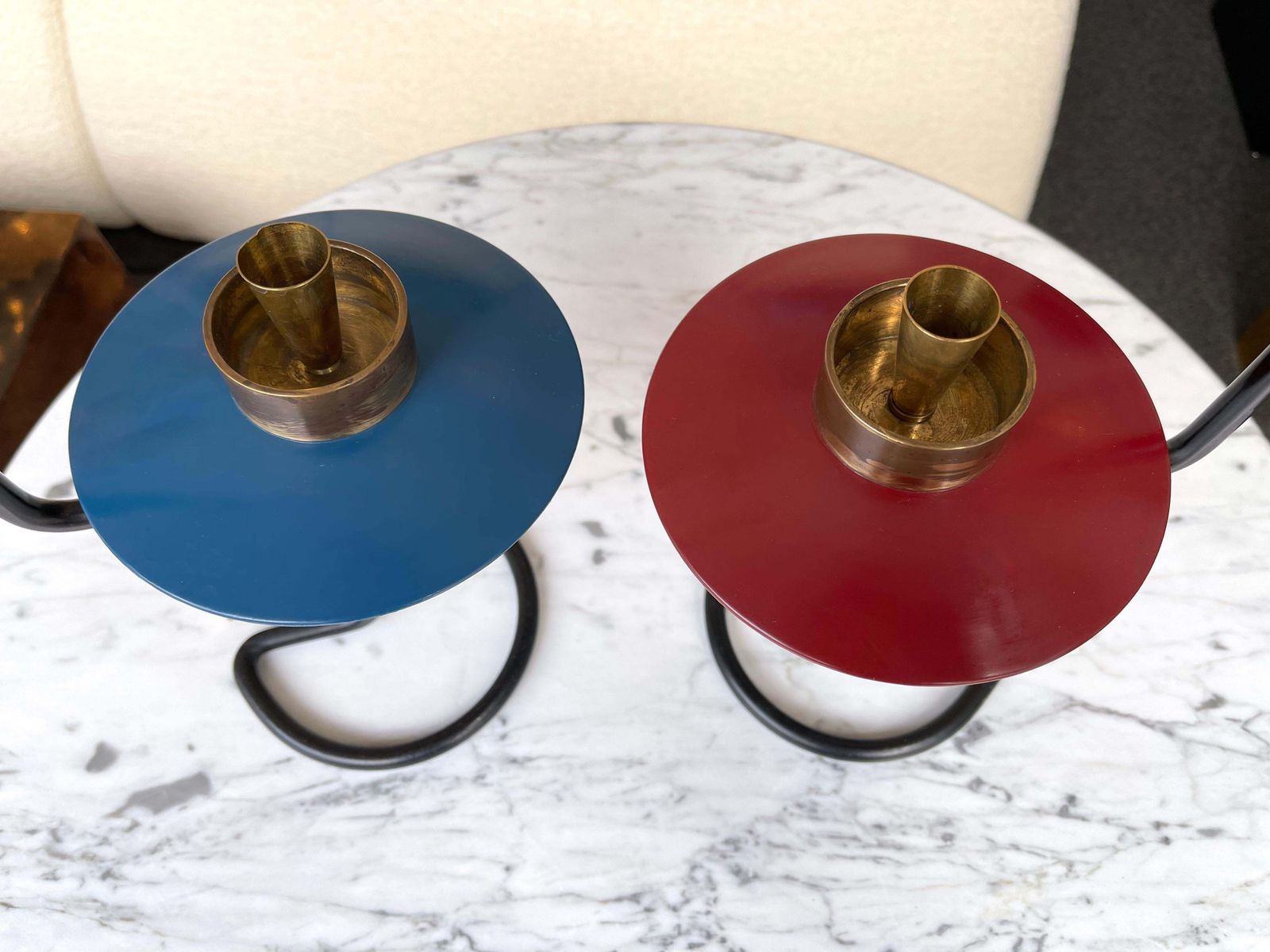 Mid Century Pair Of Candle Holders Lacquered Metal And Brass. Italy, 1950s photo buy