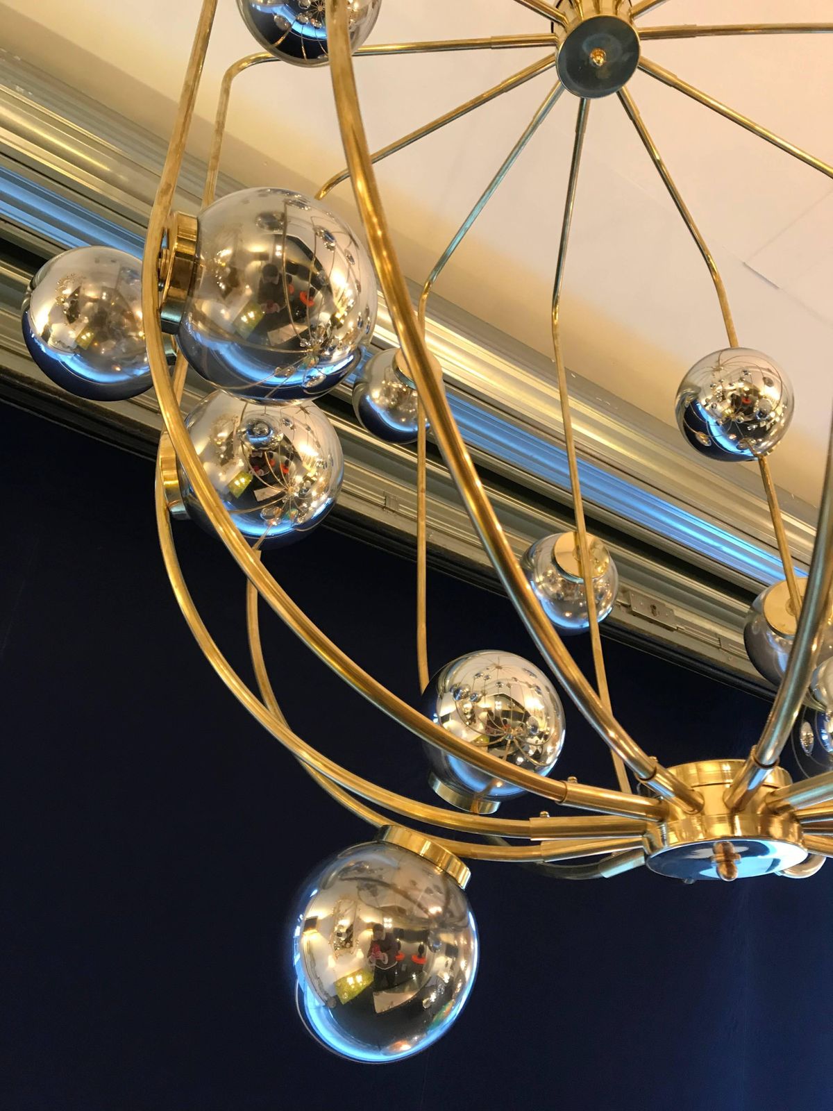 Large Contemporary Brass Cage Chandelier Murano Opaline Glass Ball, Italy photo for sale
