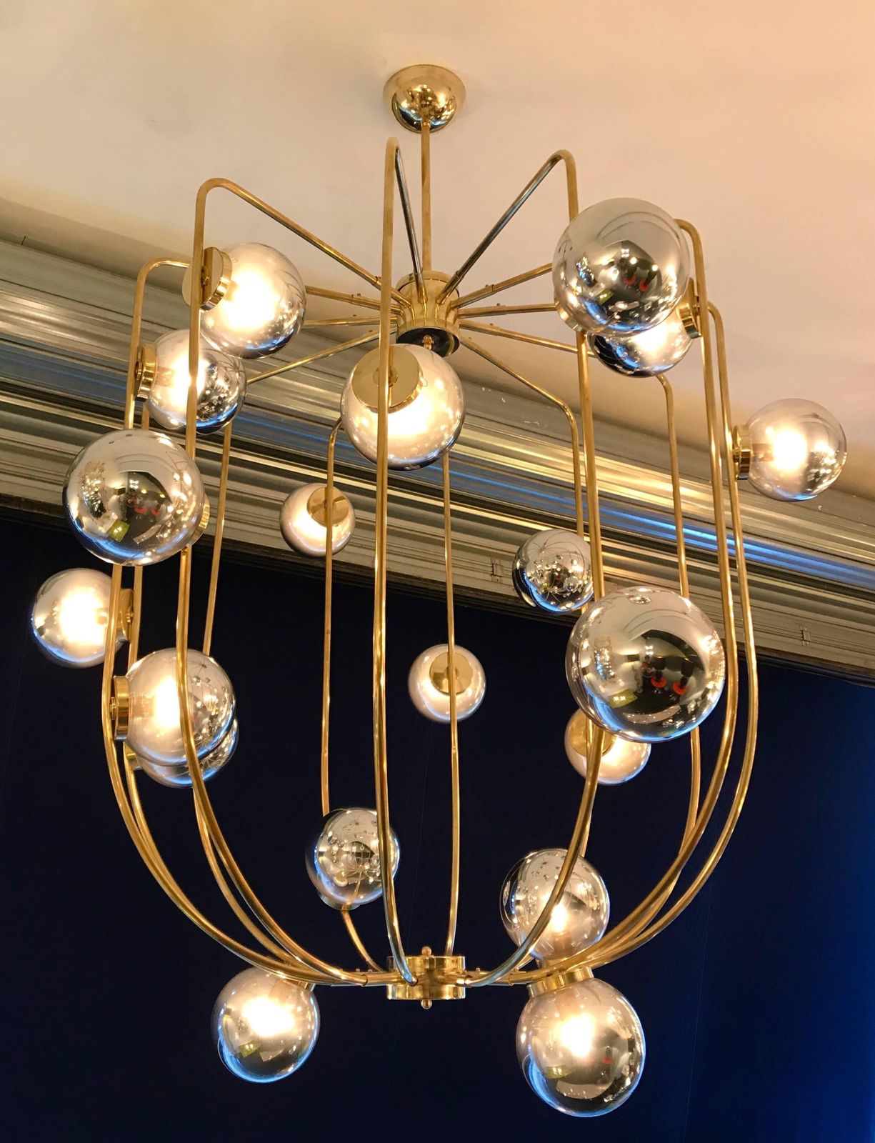 Large Contemporary Brass Cage Chandelier Murano Opaline Glass Ball, Italy photo vinterior