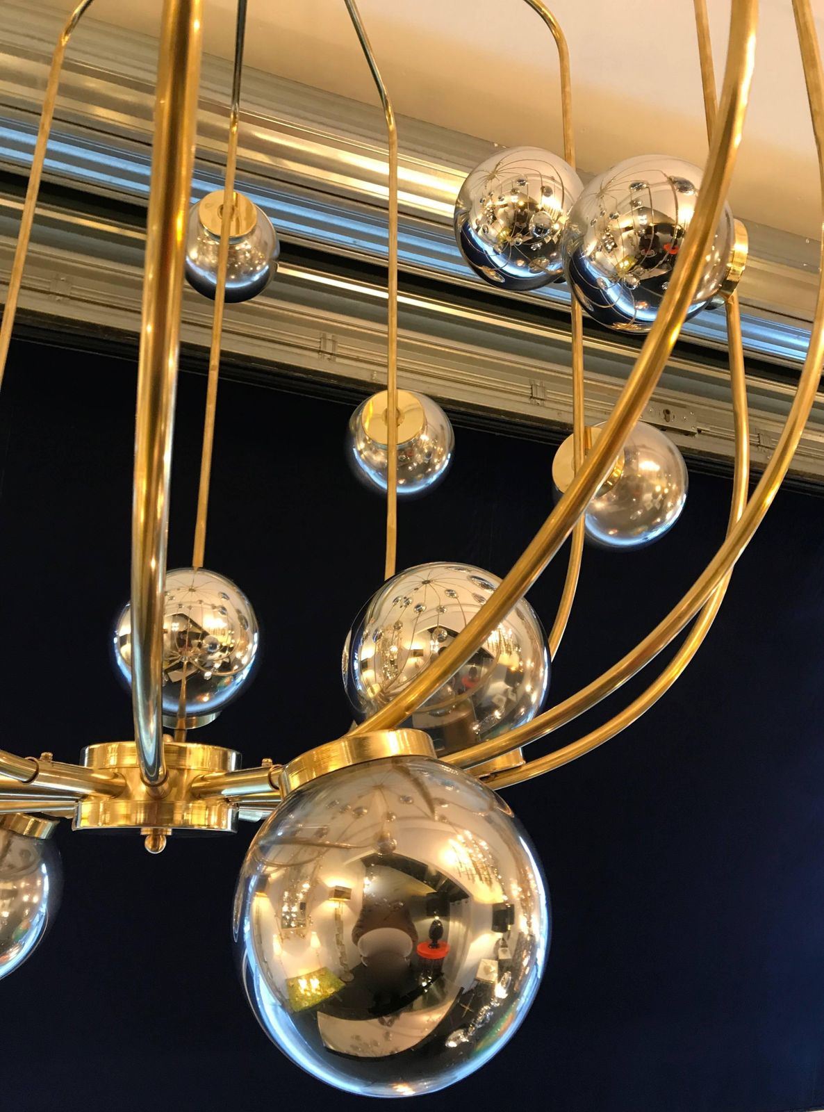 photo furniture Large Contemporary Brass Cage Chandelier Murano Opaline Glass Ball, Italy