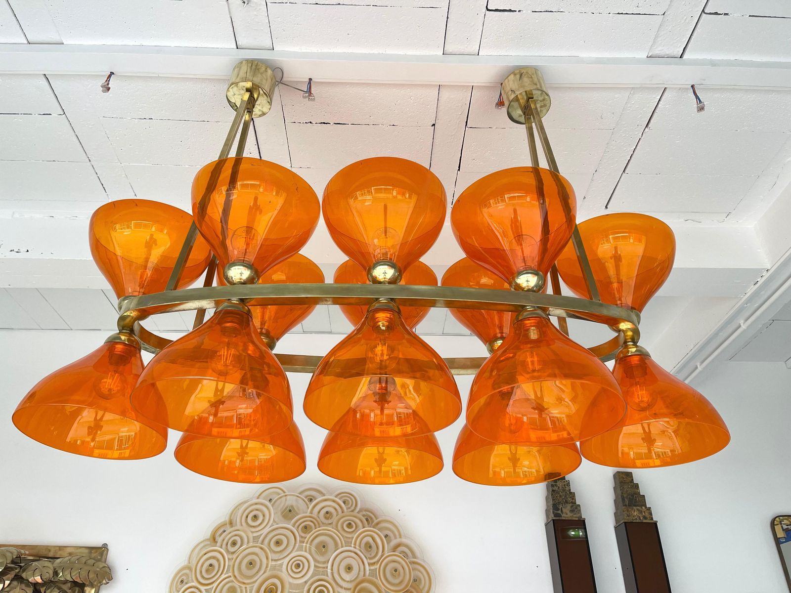 Large Contemporary Brass Chandelier Orange Murano Glass Cup, Italy photo Lighting