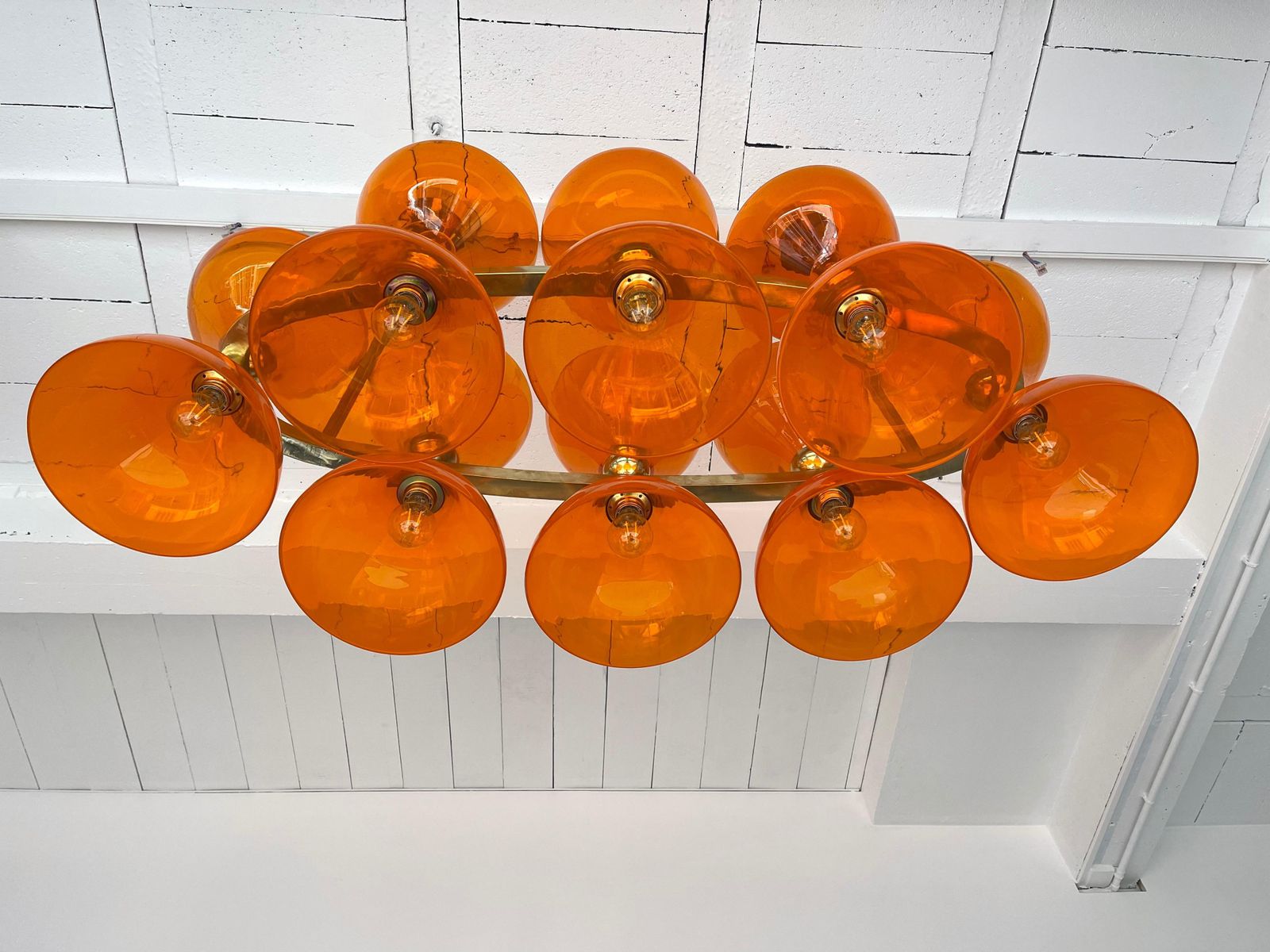 Large Contemporary Brass Chandelier Orange Murano Glass Cup, Italy photo vinterior