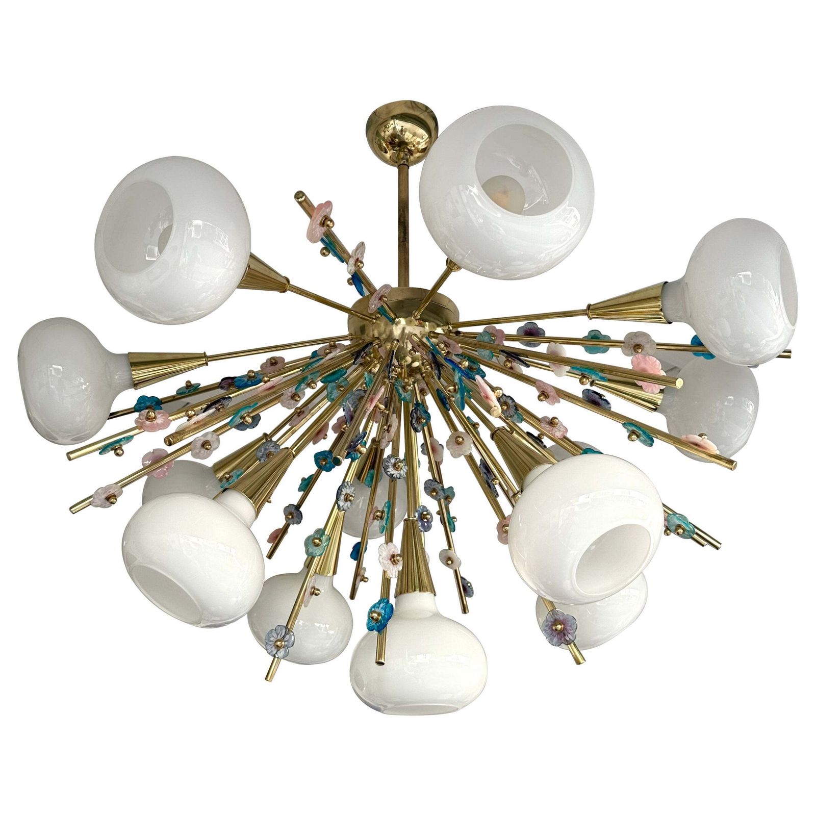 Contemporary Brass Sputnik Chandelier Flowers Murano Glass White Cup, Italy