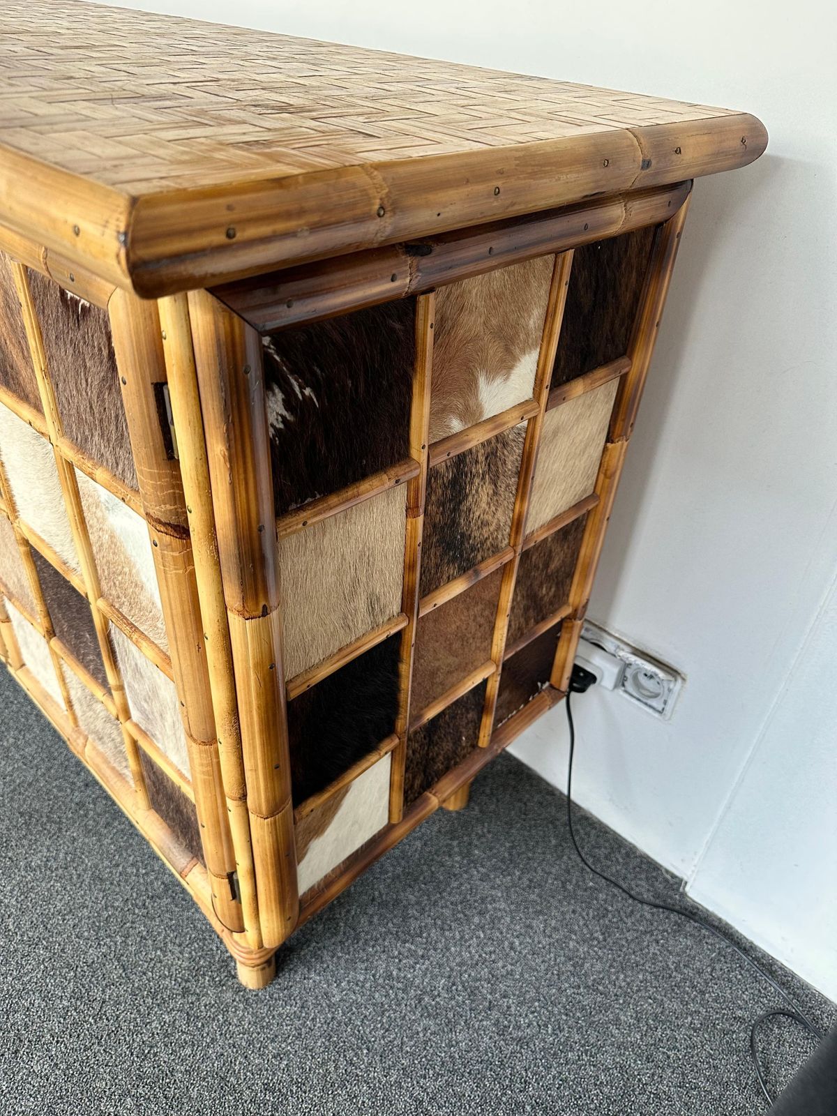 Bamboo Wood And Cow Leather Buffet Dry Bar. Italy, 1970s photo for sale