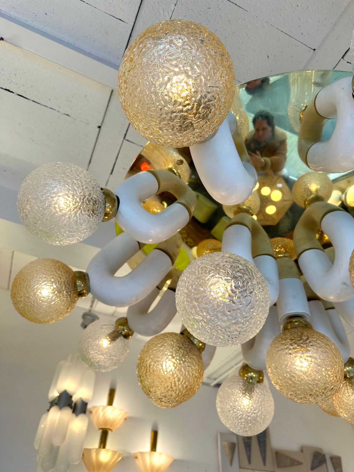 photo for sale Large Contemporary U Ceramic Chandelier Brass And Murano Glass , Italy