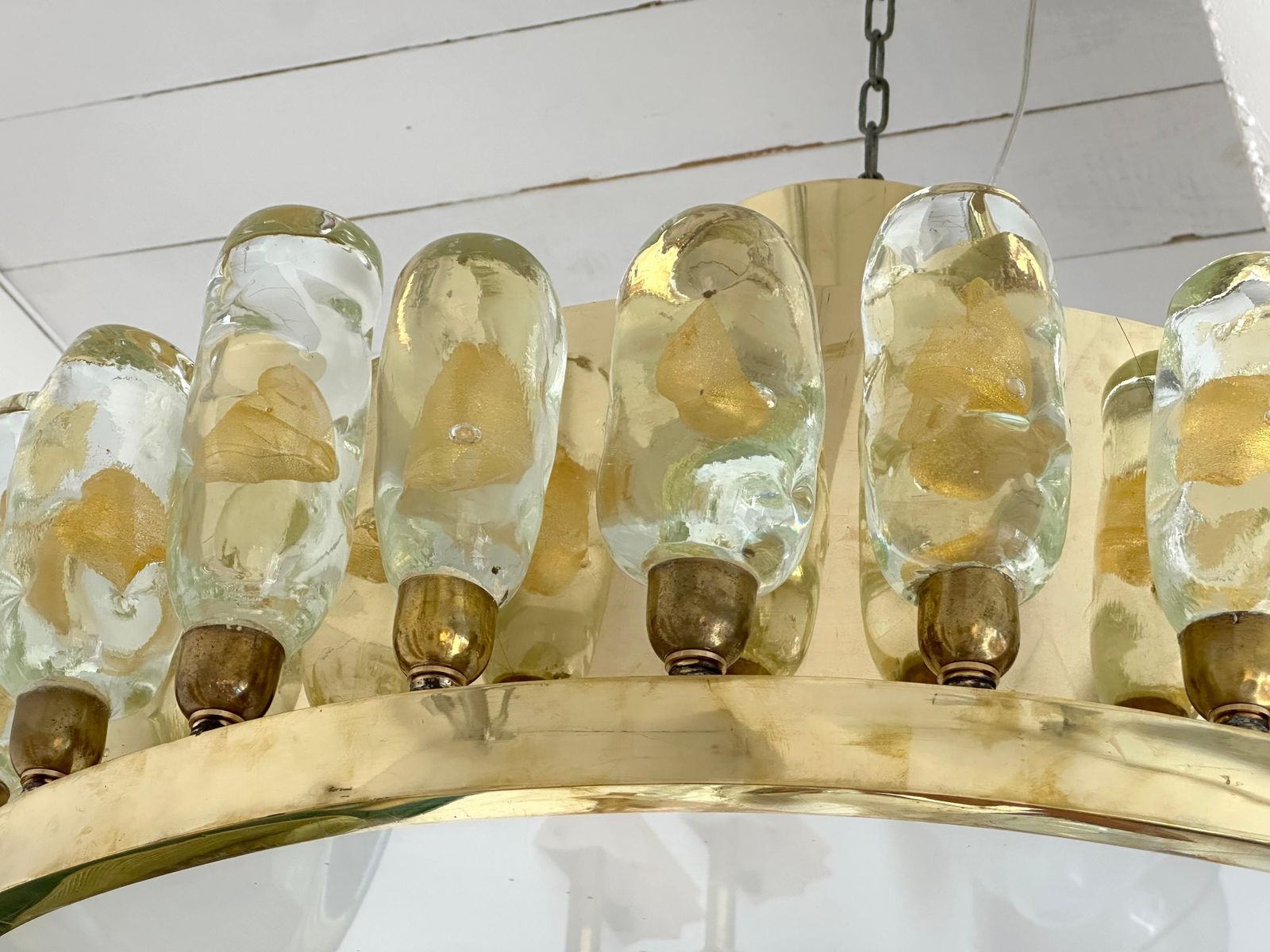 Contemporary Brass Chandelier And Murano Glass Gold Leaf Flame , Italy photo Lighting