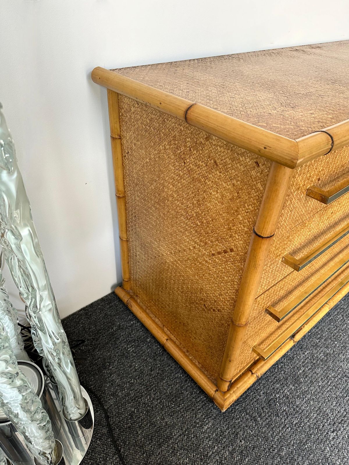 Bamboo Rattan Brass Chest Of Drawers By Vivai Del Sud. Italy, 1970s photo vinterior