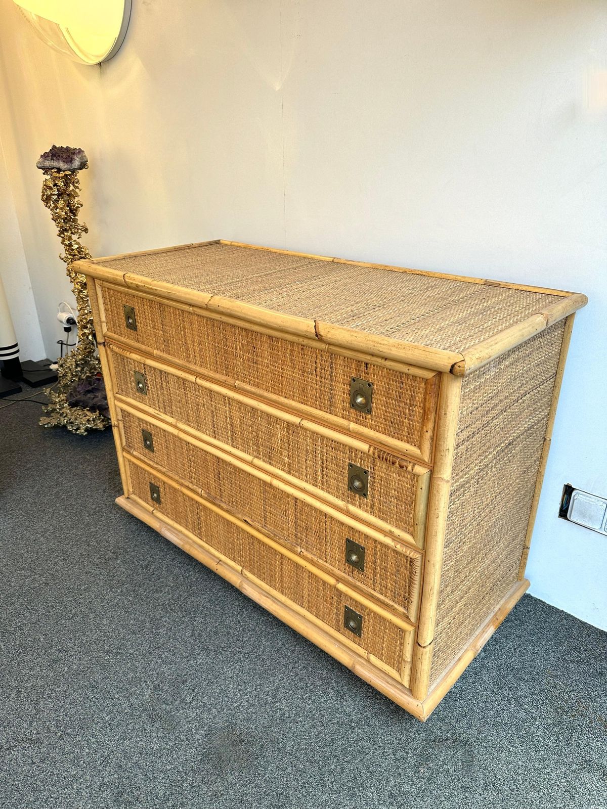 3592.0 Bamboo Rattan And Brass Chest Of Drawers By Dal Vera, Italy, 1970s photo