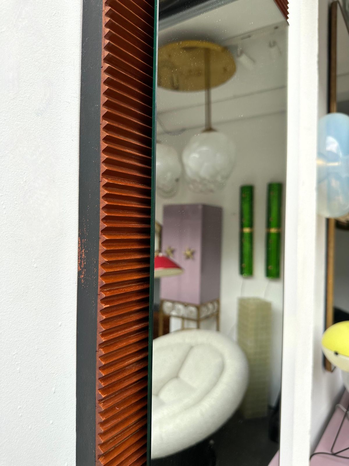 Mid Century Wood Stripe And Brass Mirror, Italy, 1950s photo furniture