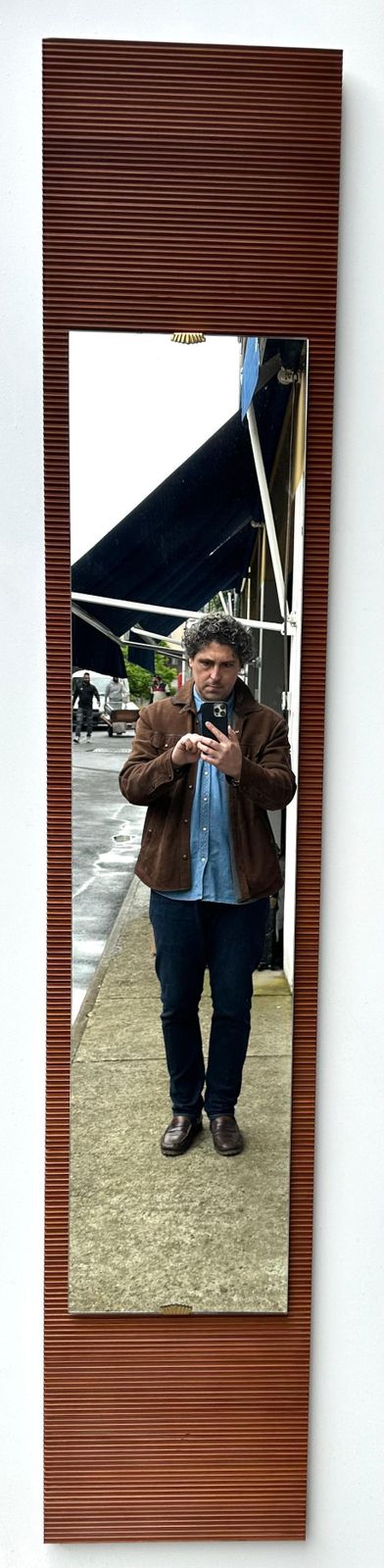 Mid Century Wood Stripe And Brass Mirror, Italy, 1950s photo for sale