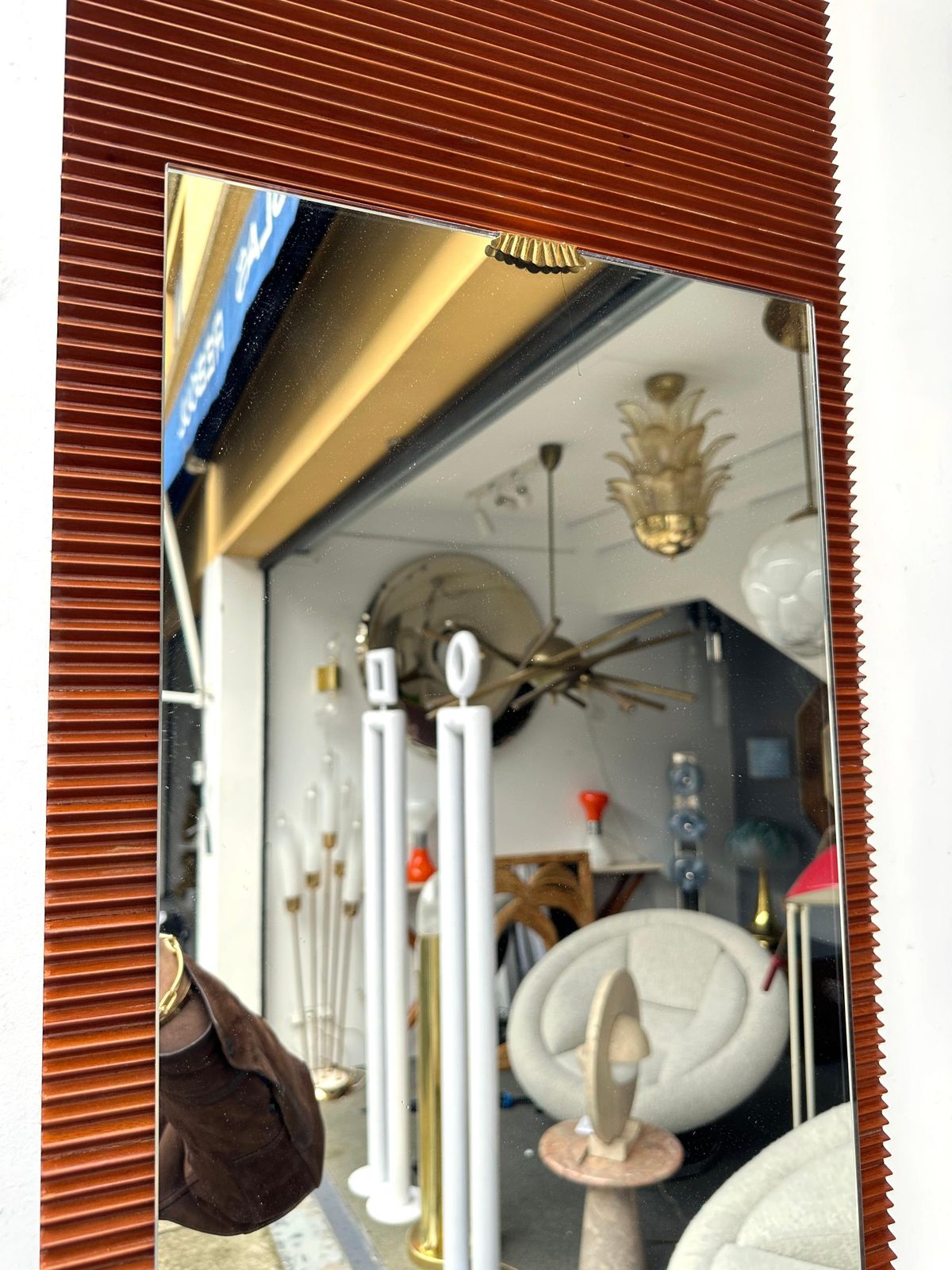 Mid Century Wood Stripe And Brass Mirror, Italy, 1950s photo 3250.0