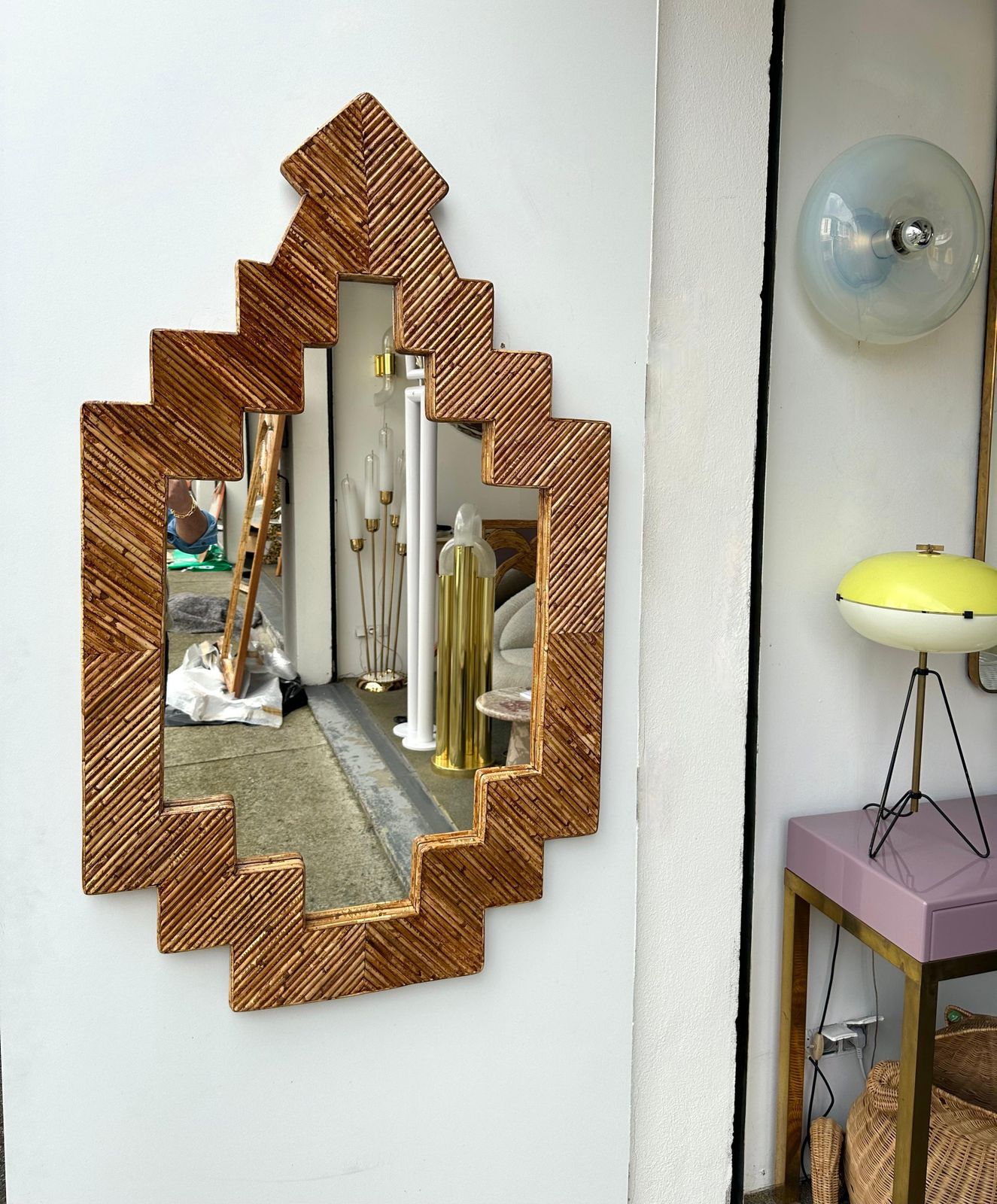 4276.0 Rattan Pyramid Mirror By Vivai Del Sud. Italy, 1970s photo