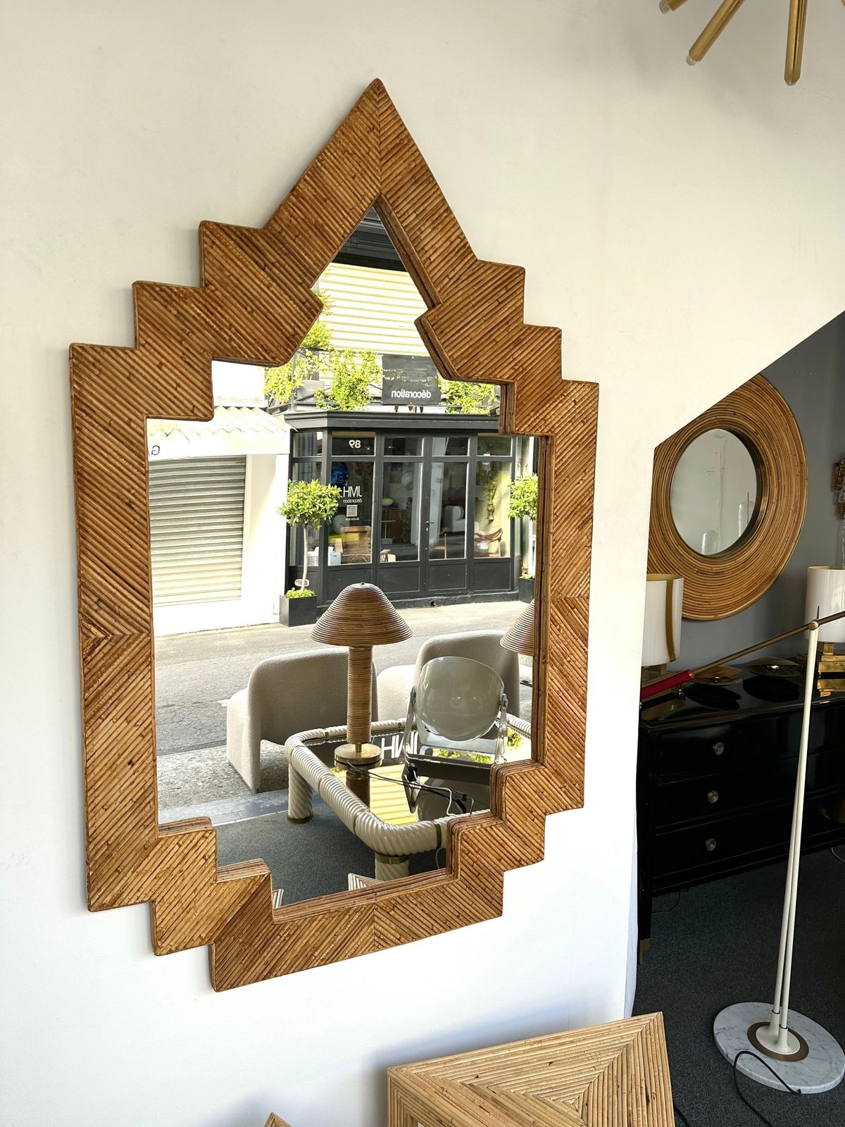 Extra Large Rattan Pyramid Mirror By Vivai Del Sud. Italy, 1970s photo buy