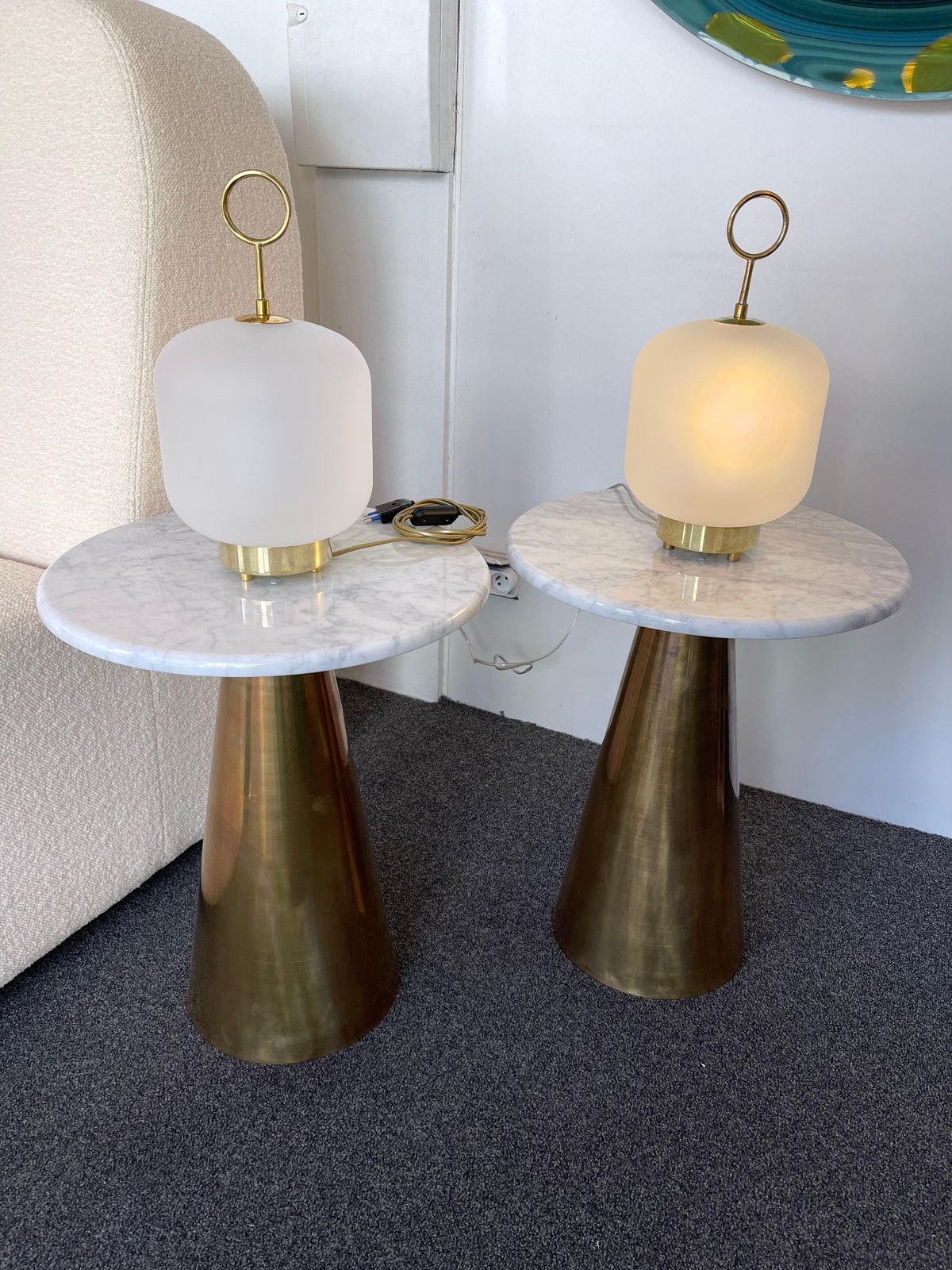 Contemporary Pair Of Murano Glass Medium Can Lamps Brass Ring, Italy photo Lighting