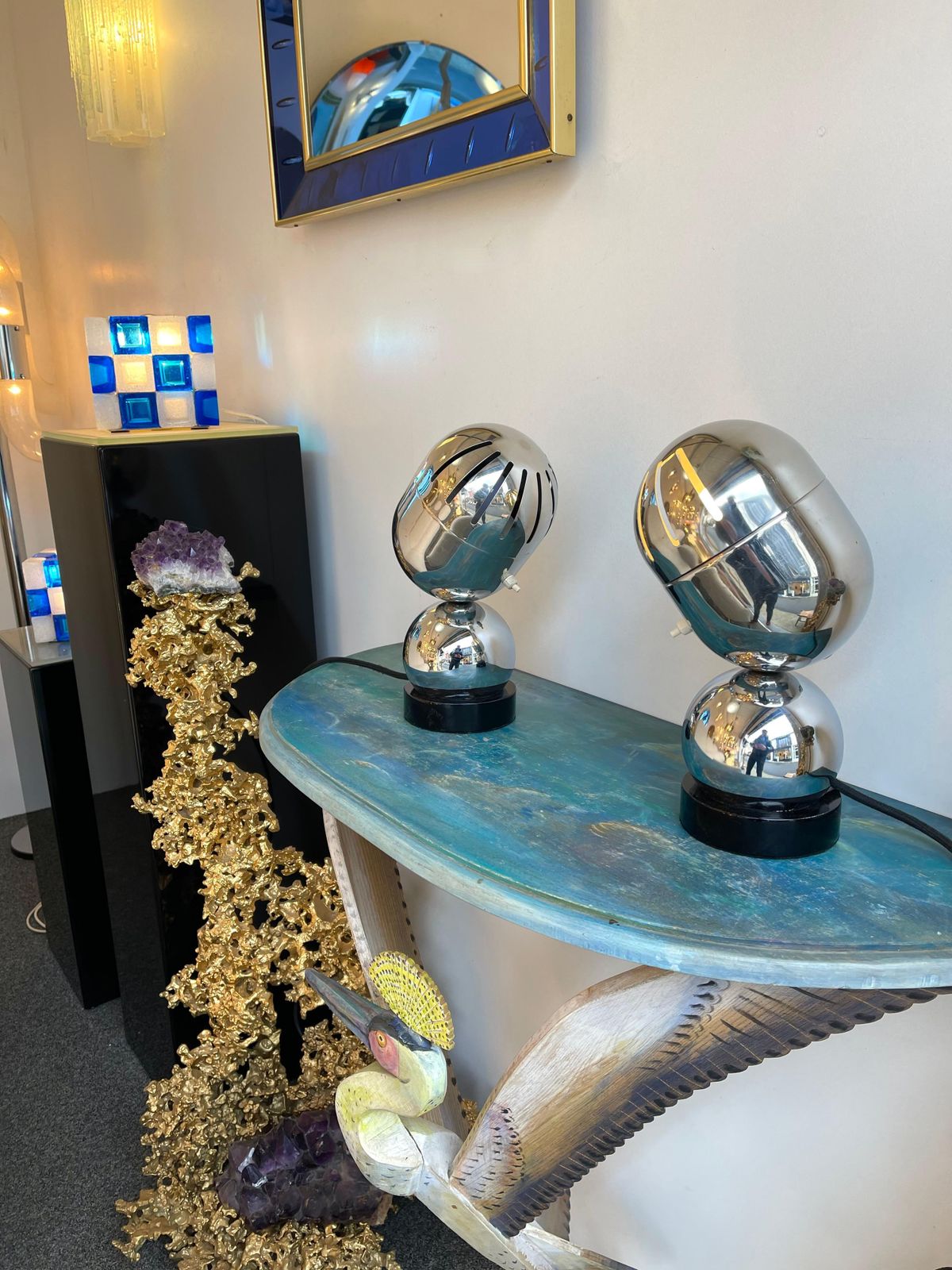 Pair Of Space Age Metal Chrome Lamps By Reggiani, Italy, 1970s photo furniture