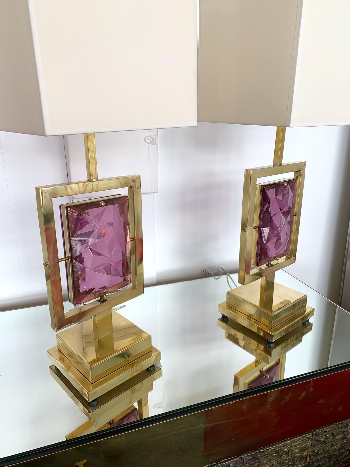 Contemporary Pair Of Brass Lamps Murano Glass, Italy photo 2566.0