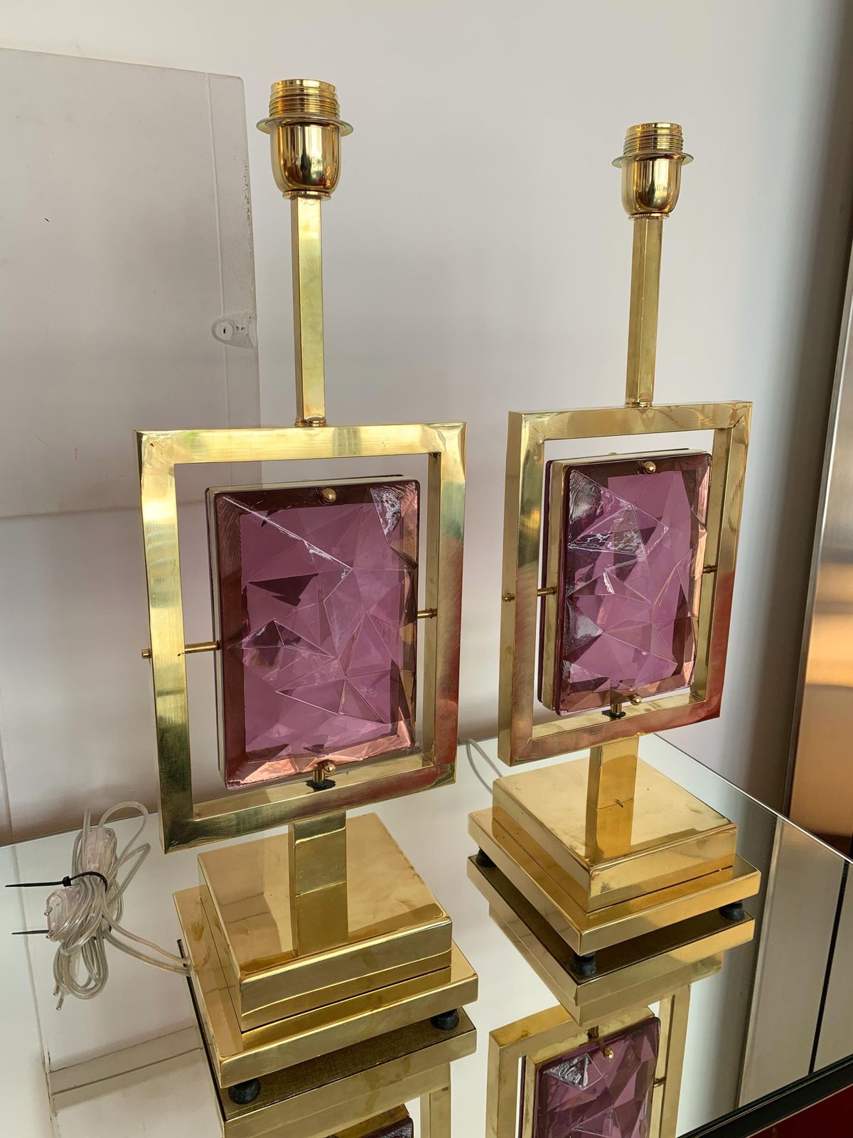 Contemporary Pair Of Brass Lamps Murano Glass, Italy photo vintage
