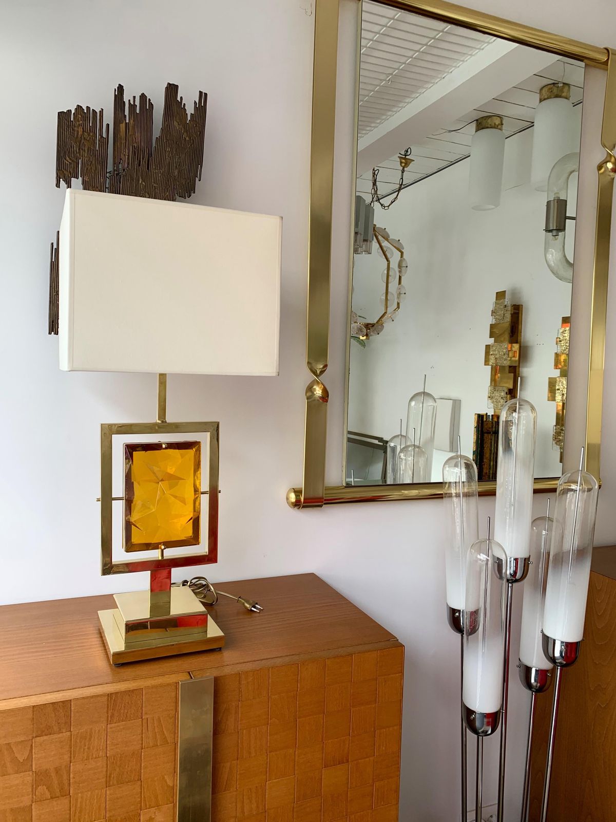 photo for sale Contemporary Pair Of Brass Lamps Murano Glass, Italy