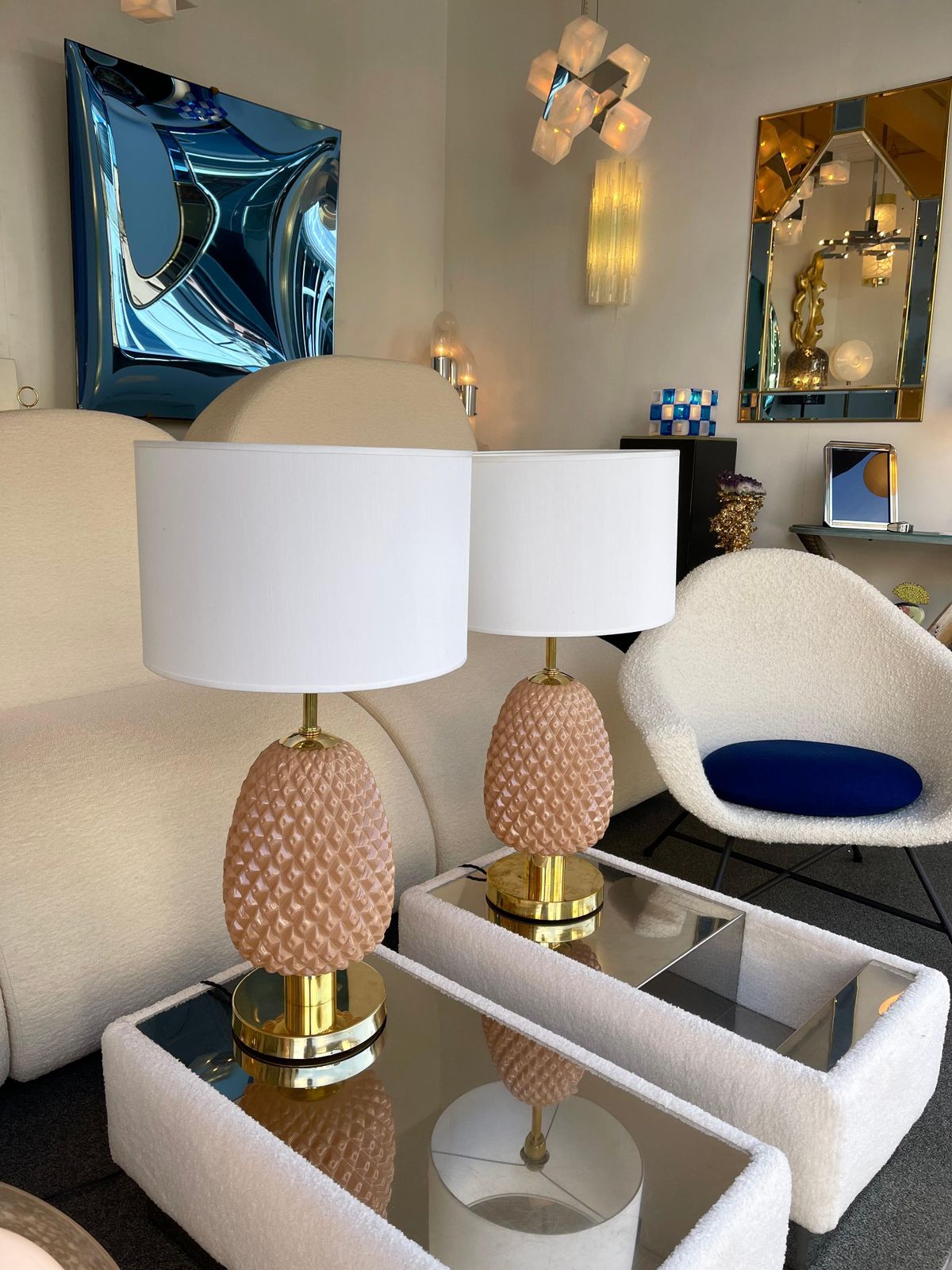 Contemporary Pair Of Pink Pineapple Murano Glass And Brass Lamps, Italy photo vintage