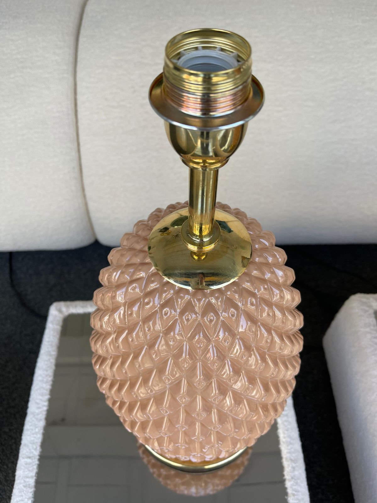 photo for sale Contemporary Pair Of Pink Pineapple Murano Glass And Brass Lamps, Italy