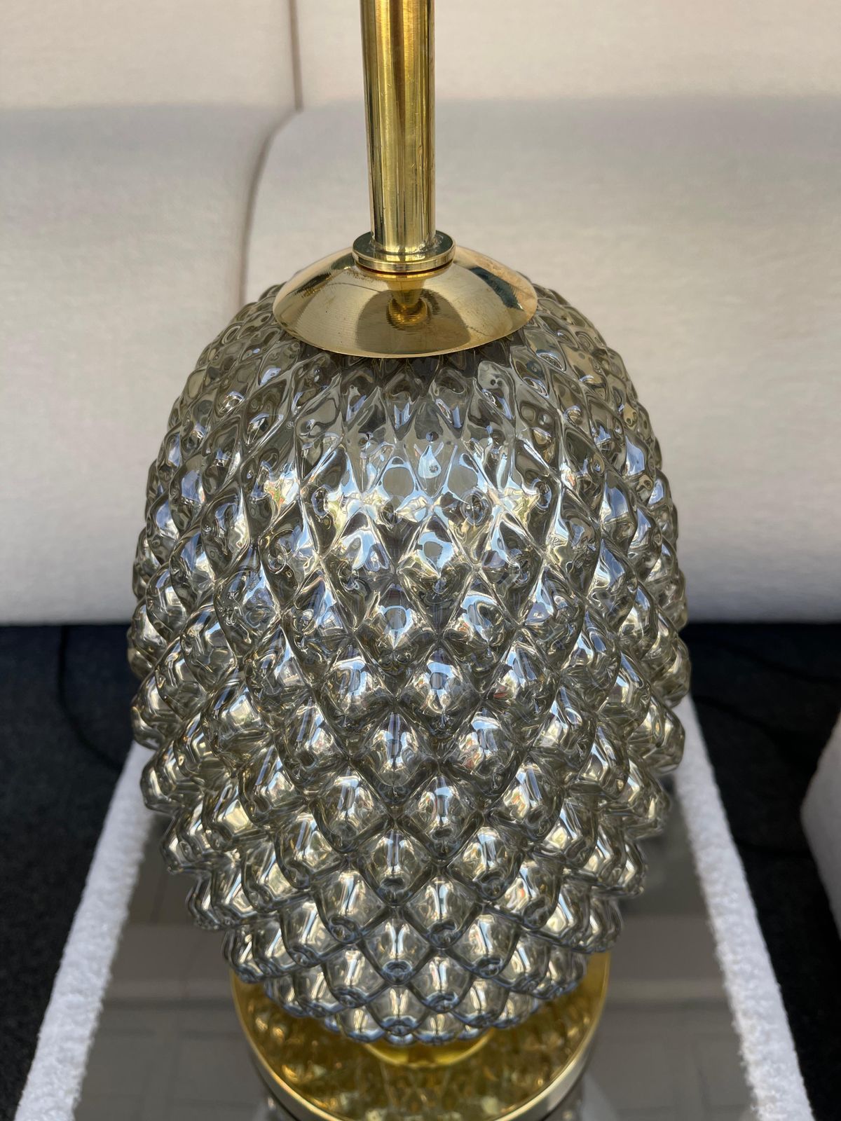 Contemporary Pair Of Silver Gold Pineapple Murano Glass And Brass Lamps, Italy photo for sale