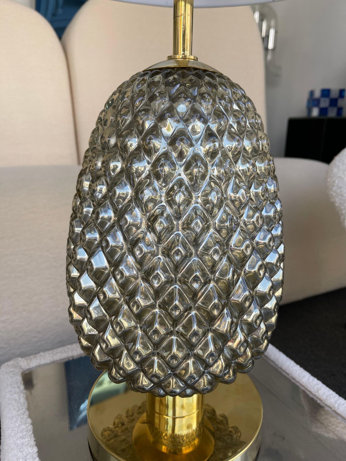 Contemporary Pair Of Silver Gold Pineapple Murano Glass And Brass Lamps, Italy photo Lighting