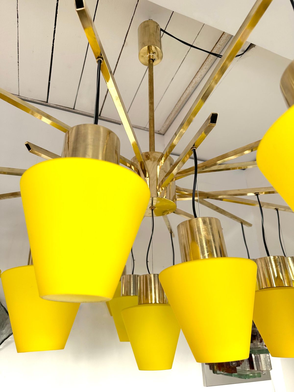 Large Contemporary Brass Chandelier Yellow Murano Glass Cup, Italy photo furniture