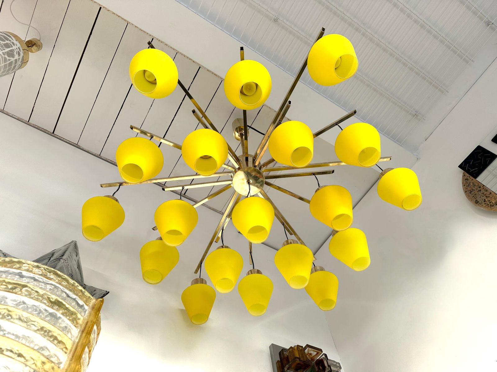 Large Contemporary Brass Chandelier Yellow Murano Glass Cup, Italy photo vintage