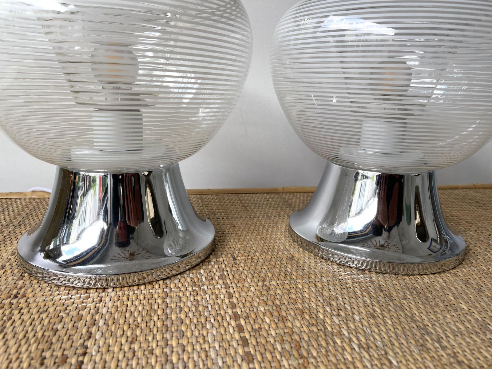 Lighting Pair Of Stripe Murano Glass And Metal Chrome Lamps By Veart, Italy, 1970s photo