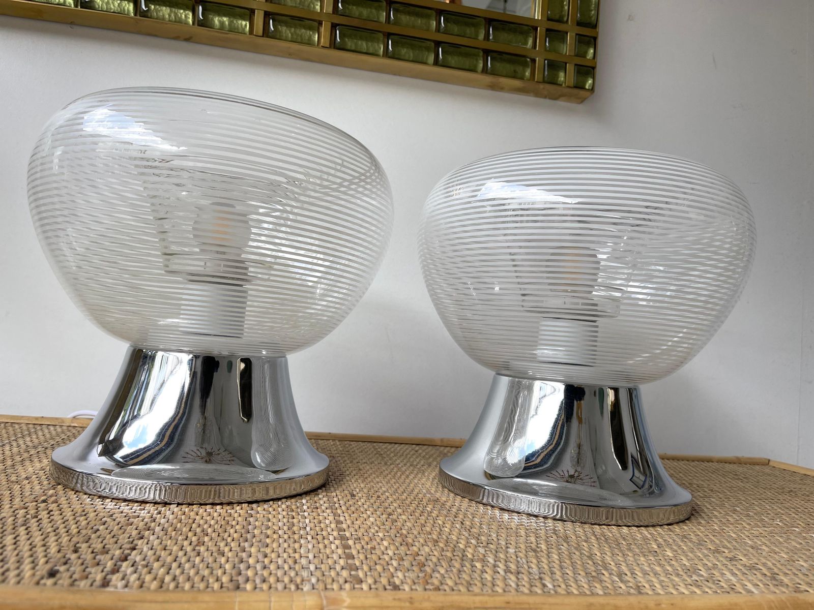 2822.0 Pair Of Stripe Murano Glass And Metal Chrome Lamps By Veart, Italy, 1970s photo