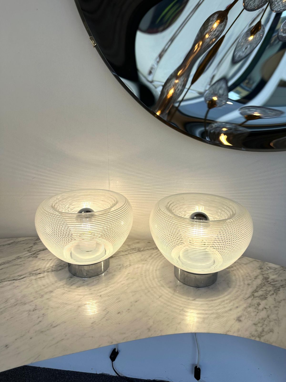 Pair Of Stripe Murano Glass And Metal Chrome Lamps By Veart, Italy, 1970s photo furniture