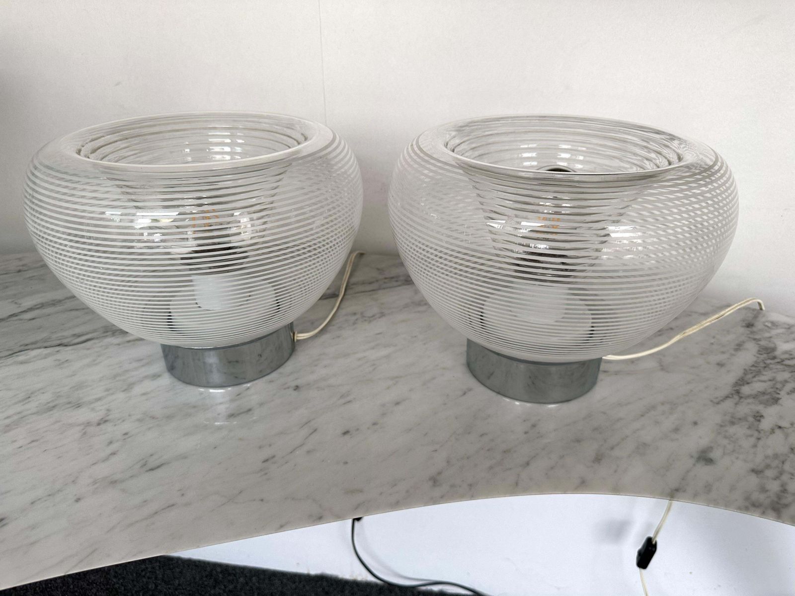 photo furniture Pair Of Stripe Murano Glass And Metal Chrome Lamps By Veart, Italy, 1970s