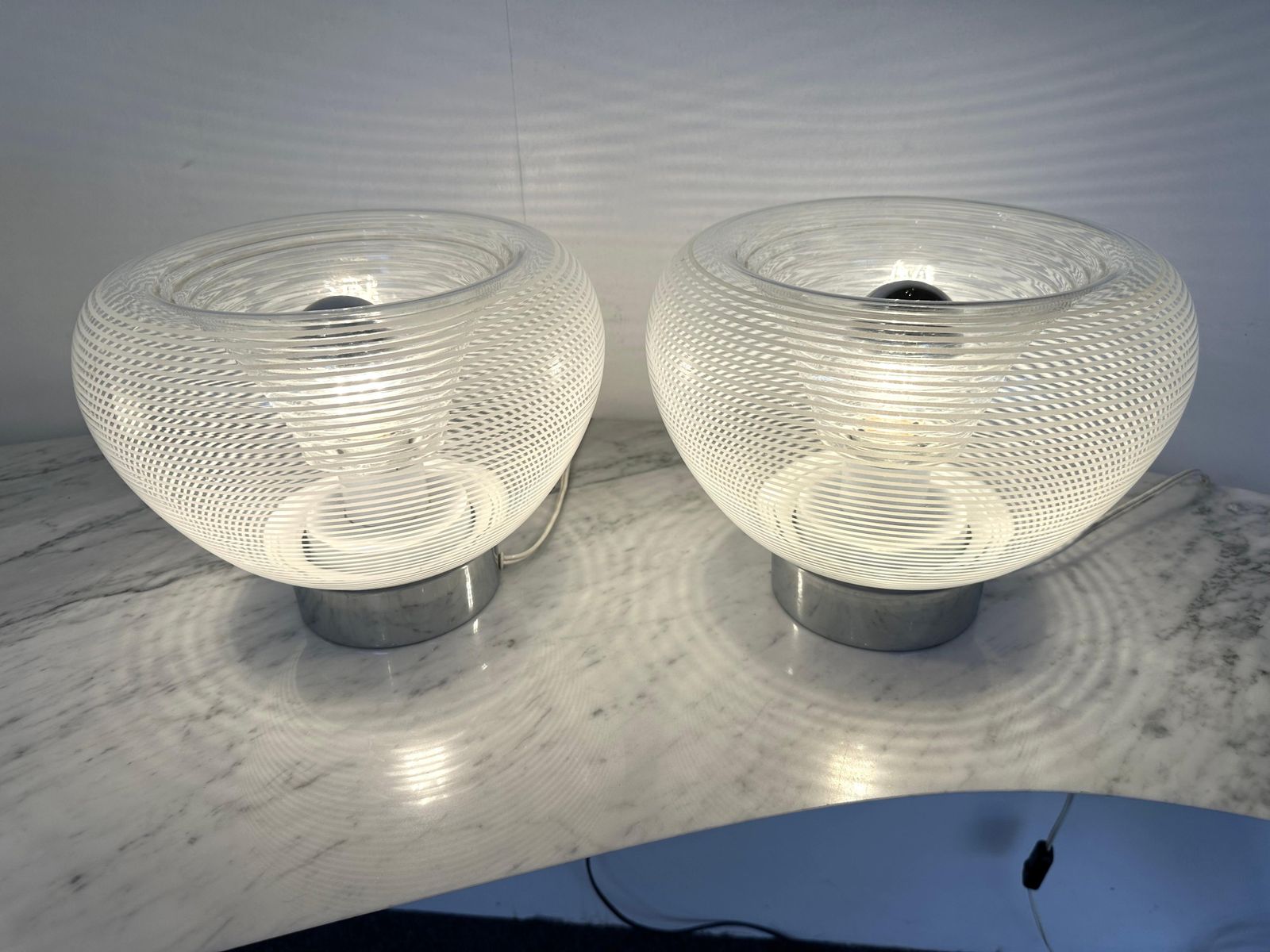 photo vinterior Pair Of Stripe Murano Glass And Metal Chrome Lamps By Veart, Italy, 1970s