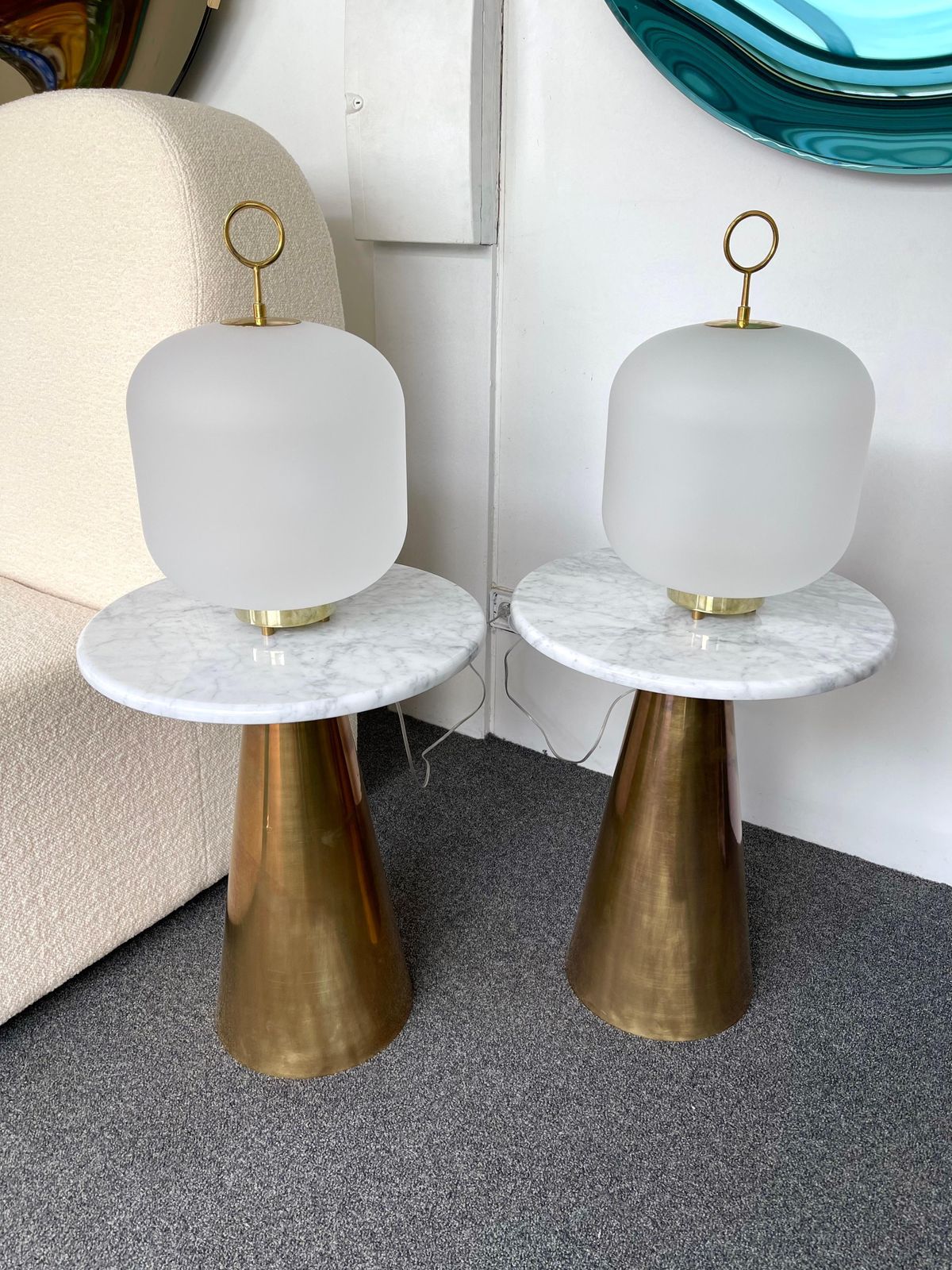 photo furniture Contemporary Pair Of Murano Glass Can Lamp Brass Ring, Italy