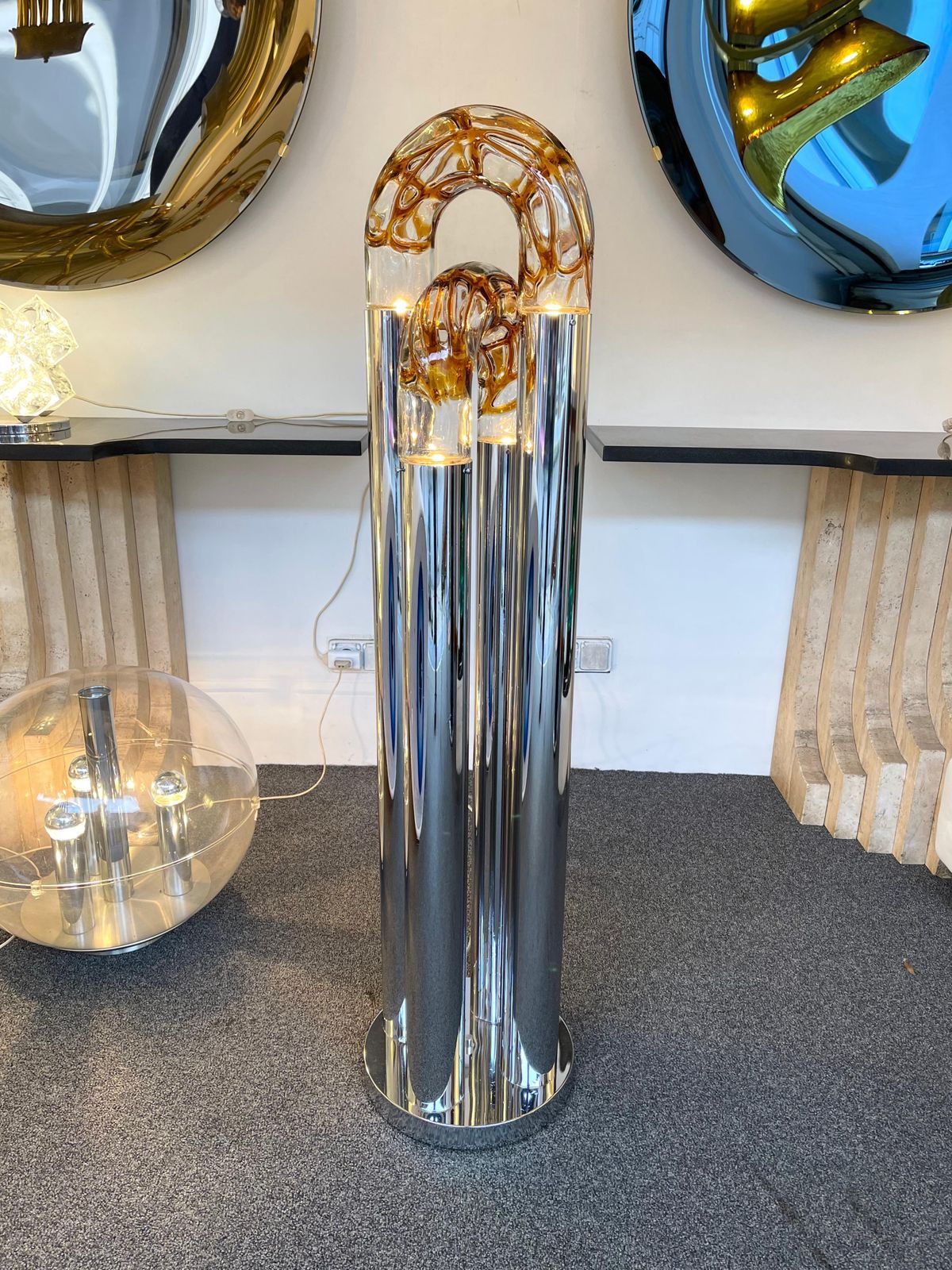 Mid Century Modern Ring Floor Lamp Murano Glass Metal By Mazzega, Italy, 1970s photo for sale