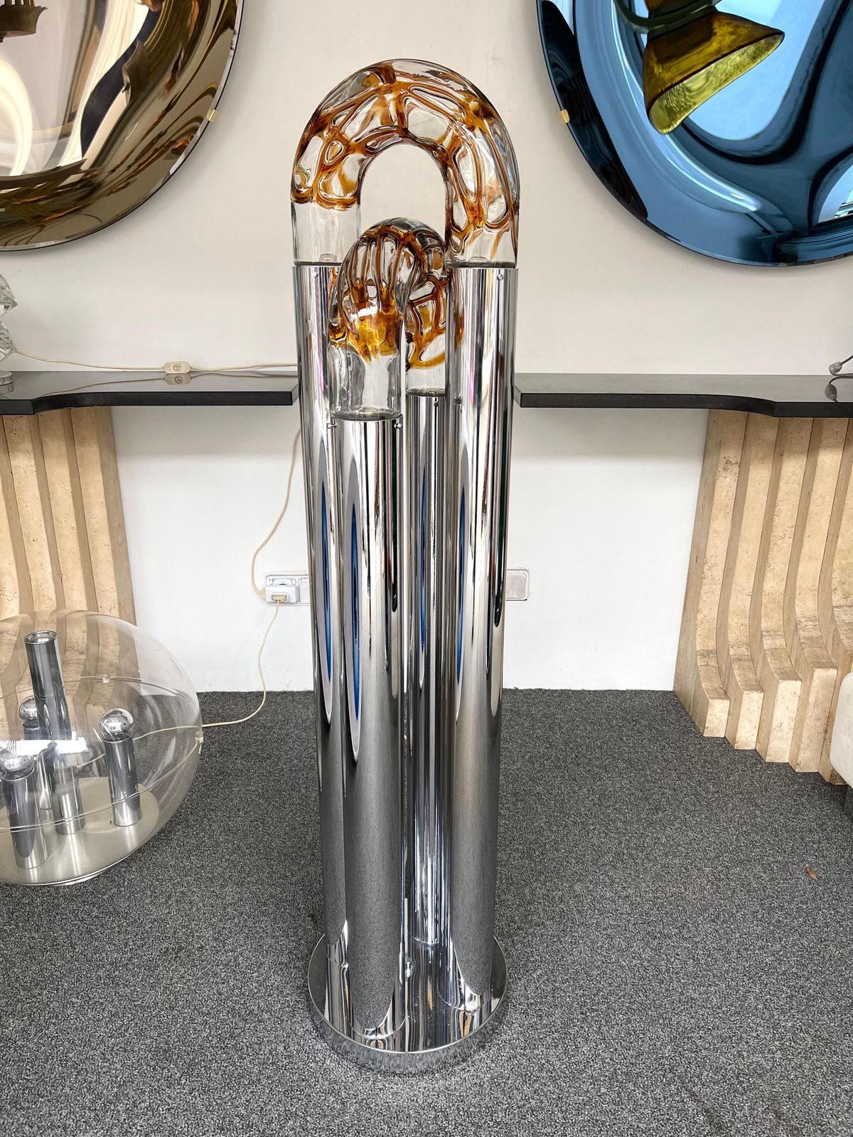 Mid Century Modern Ring Floor Lamp Murano Glass Metal By Mazzega, Italy, 1970s photo vinterior