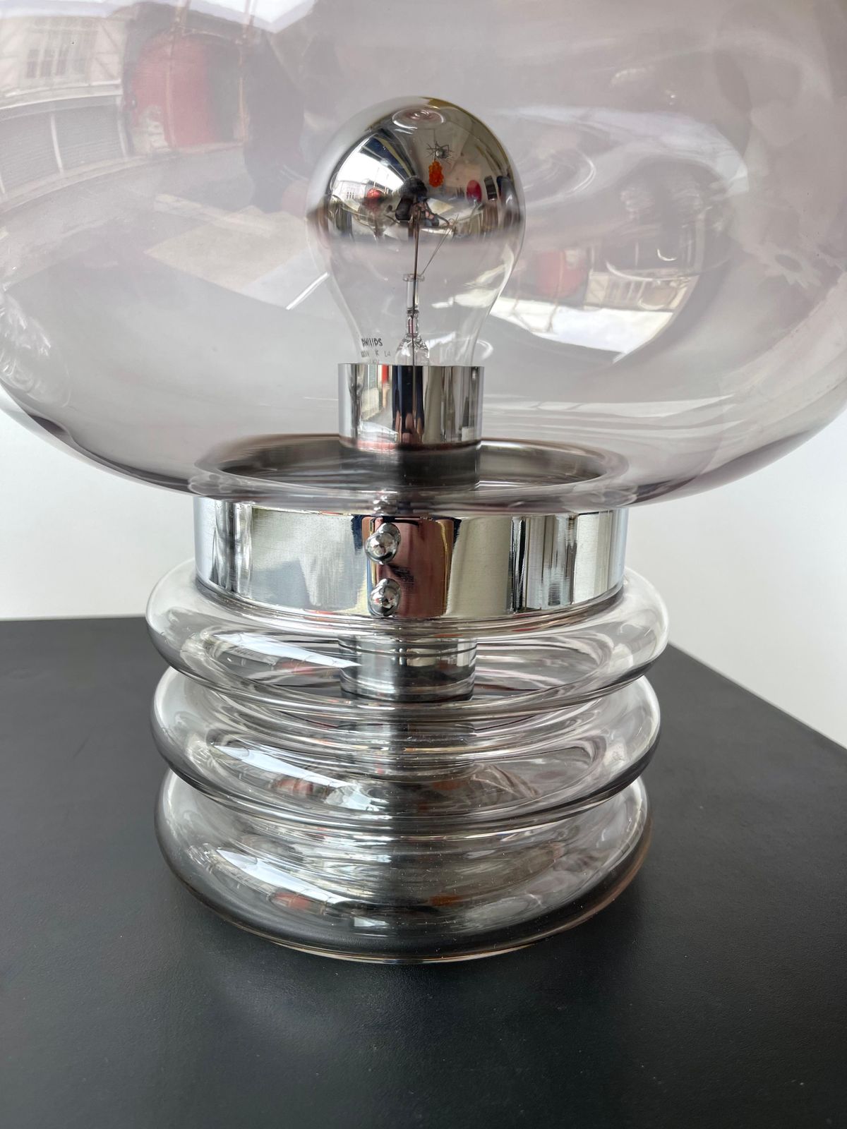 Pair Of Gray Smoke Glass And Metal Lamps By Glashütte Limburg, Germany, 1970s photo vinterior