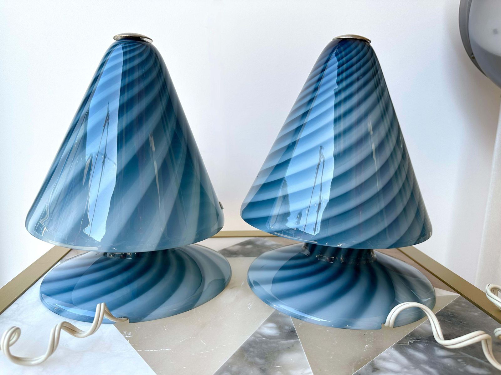 photo for sale Pair Of Blue Spiral Murano Glass Lamps By La Murrina, Italy, 1970s