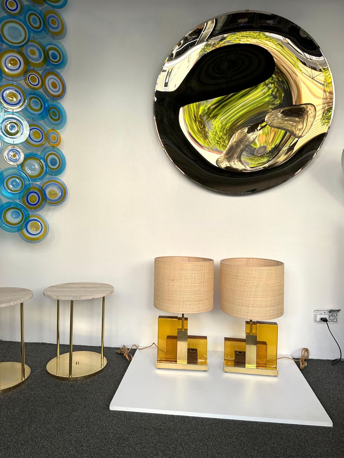 photo furniture Contemporary Pair Of Lamps Cubic Yellow Amber Murano Glass And Brass, Italy