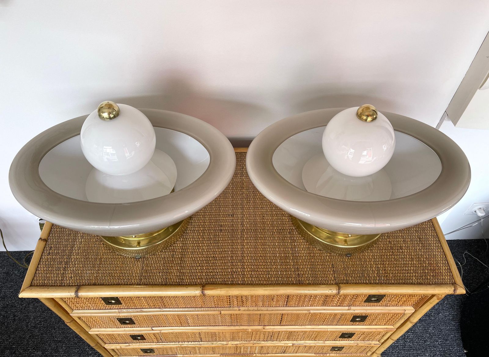 Contemporary Pair Of Brass Murano Glass Fountain Lamps, Italy photo buy