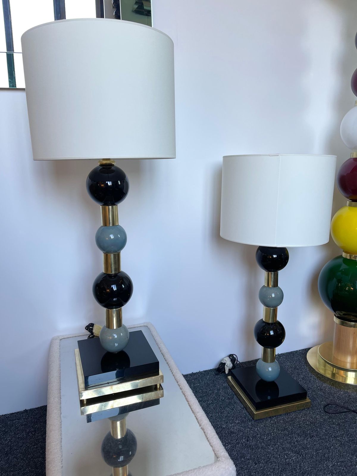 photo furniture Contemporary Pair Of Brass Murano Glass And Ceramic Ball Lamps, Italy