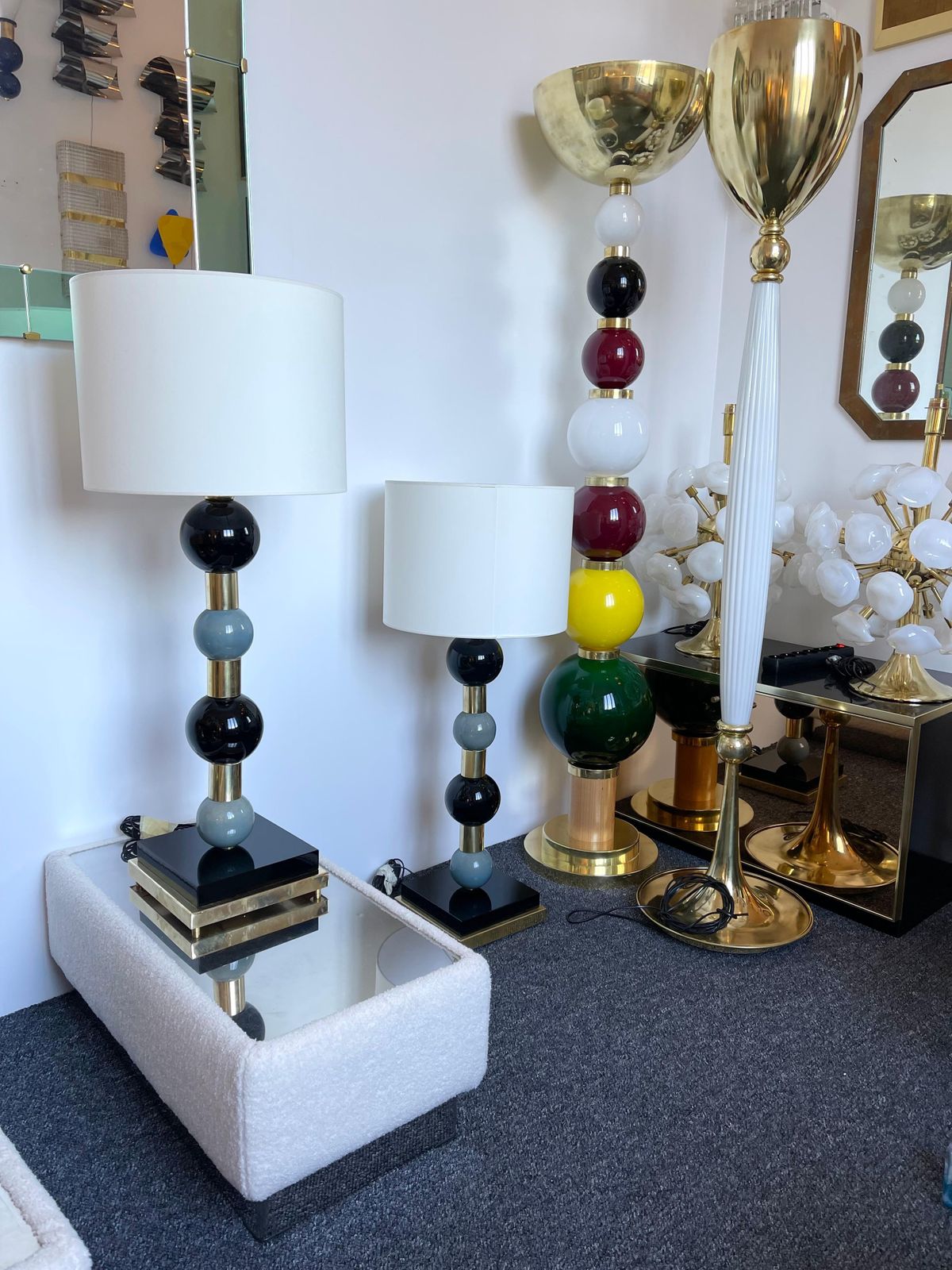 photo for sale Contemporary Pair Of Brass Murano Glass And Ceramic Ball Lamps, Italy
