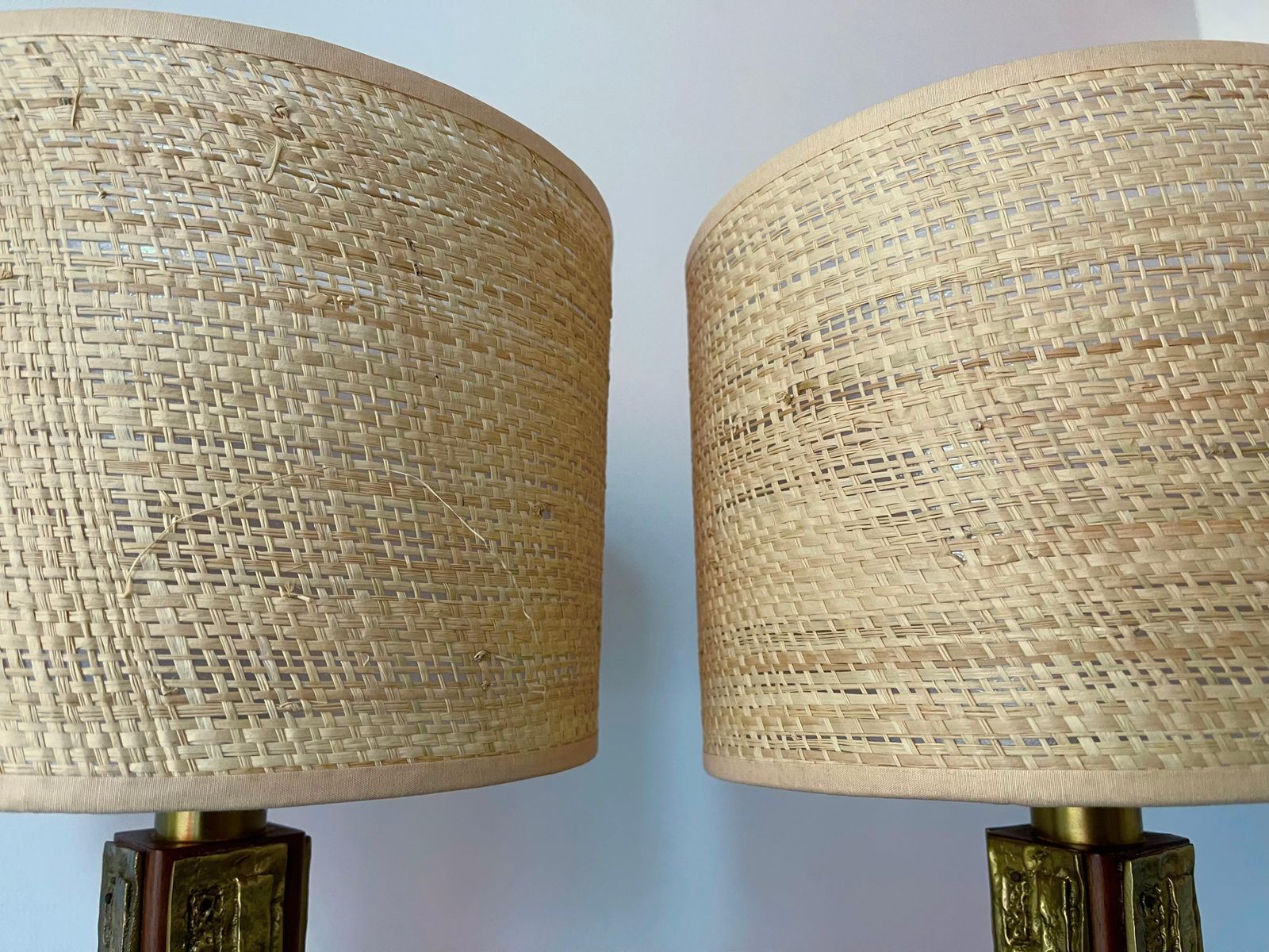 Pair Of Brass And Wood Sculpture Lamps By Angelo Brotto For Esperia Italy, 1970s photo vintage