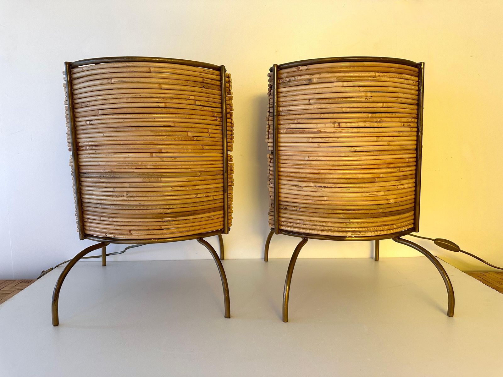 Pair Of Rattan And Gilt Metal Lamps. Italy, 2000s photo for sale