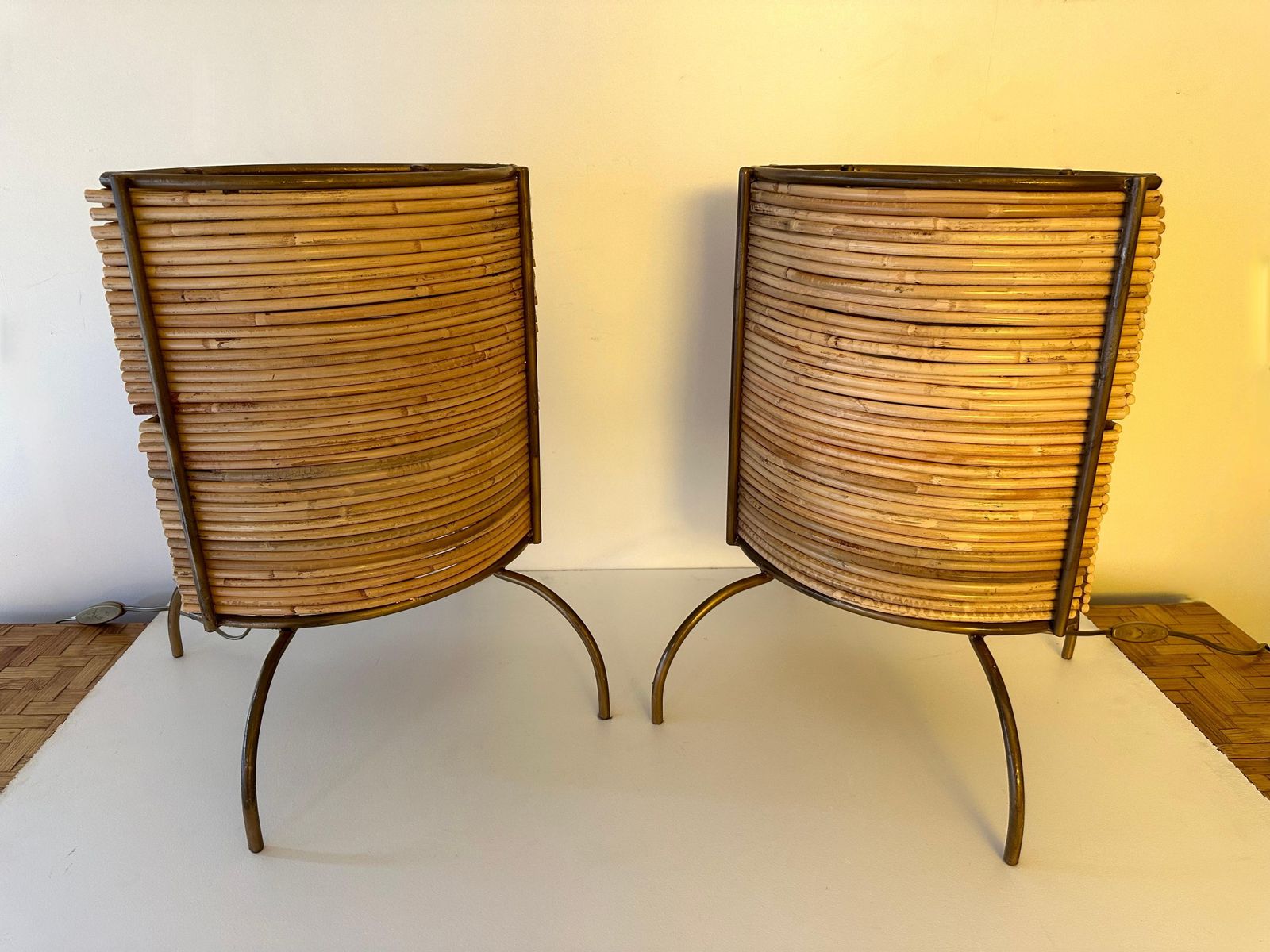photo furniture Pair Of Rattan And Gilt Metal Lamps. Italy, 2000s
