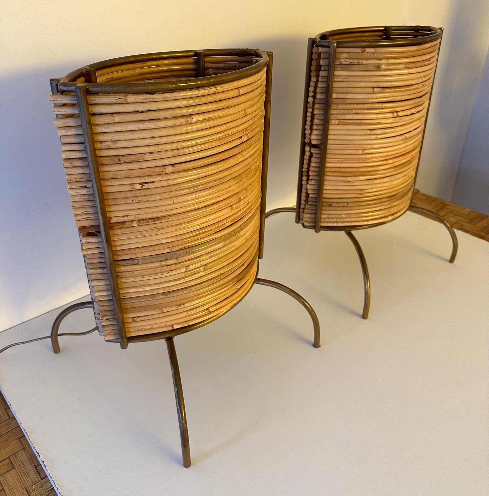 Lighting Pair Of Rattan And Gilt Metal Lamps. Italy, 2000s photo