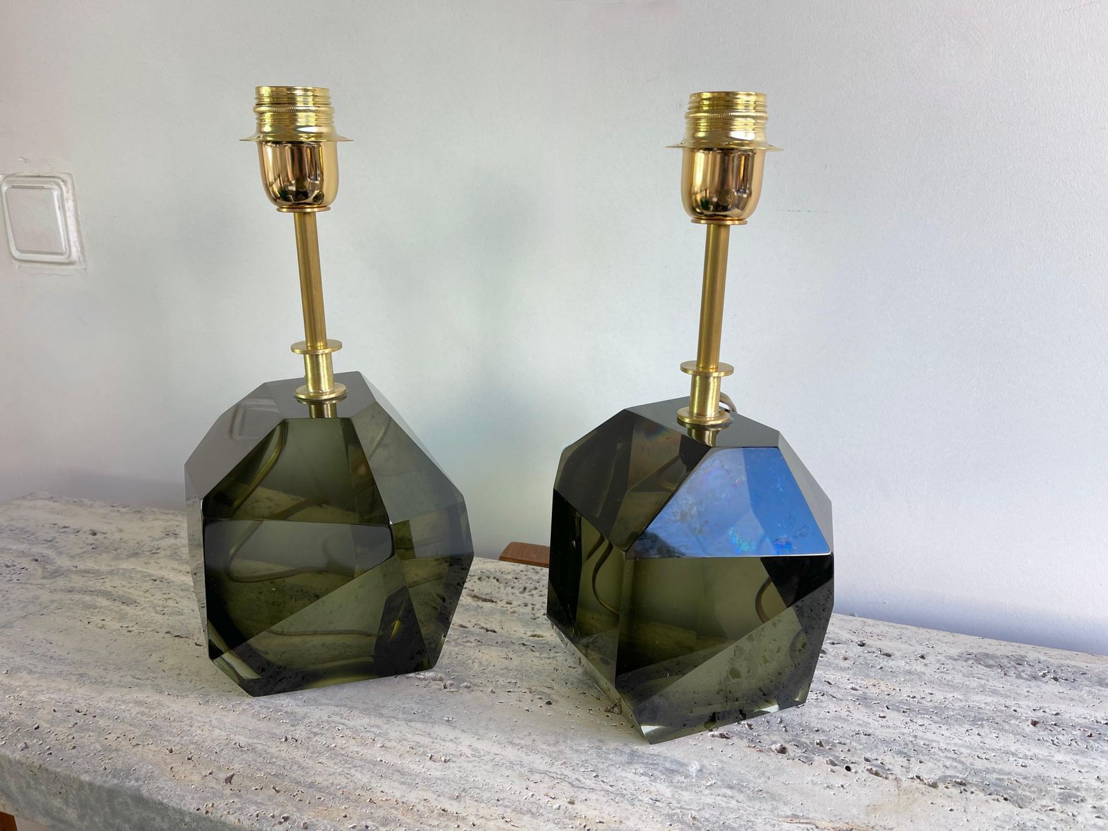 Contemporary Pair Of Stone Diamond Murano Glass And Brass Lamps, Italy photo furniture