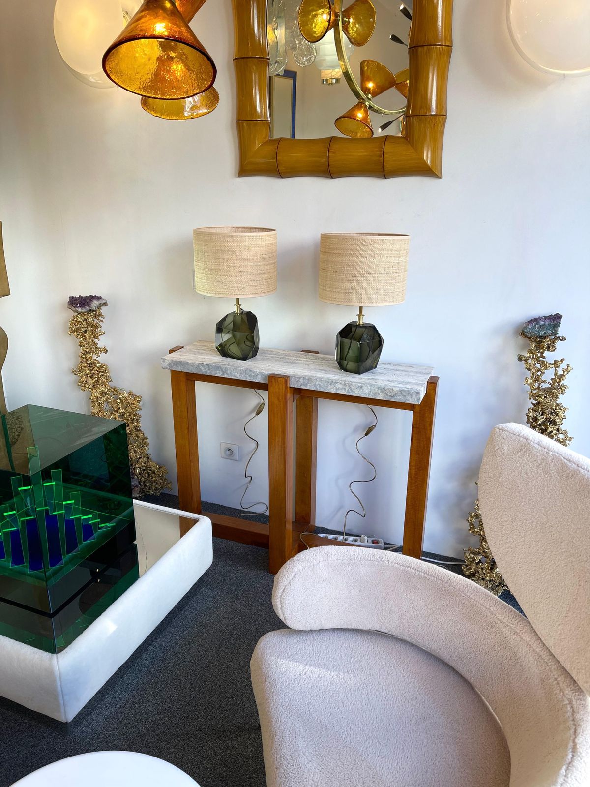 Contemporary Pair Of Stone Diamond Murano Glass And Brass Lamps, Italy photo for sale